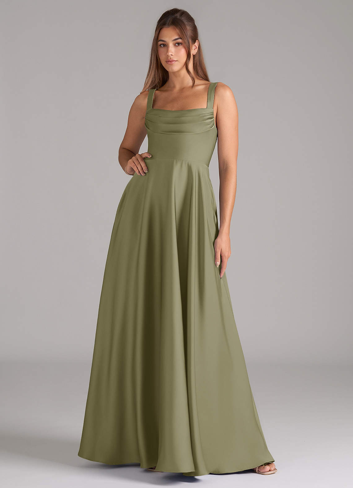 Azazie Shaude Brautjungfernkleider A-Linie Plissee Stretch-Satin Kleid Pistazie image1