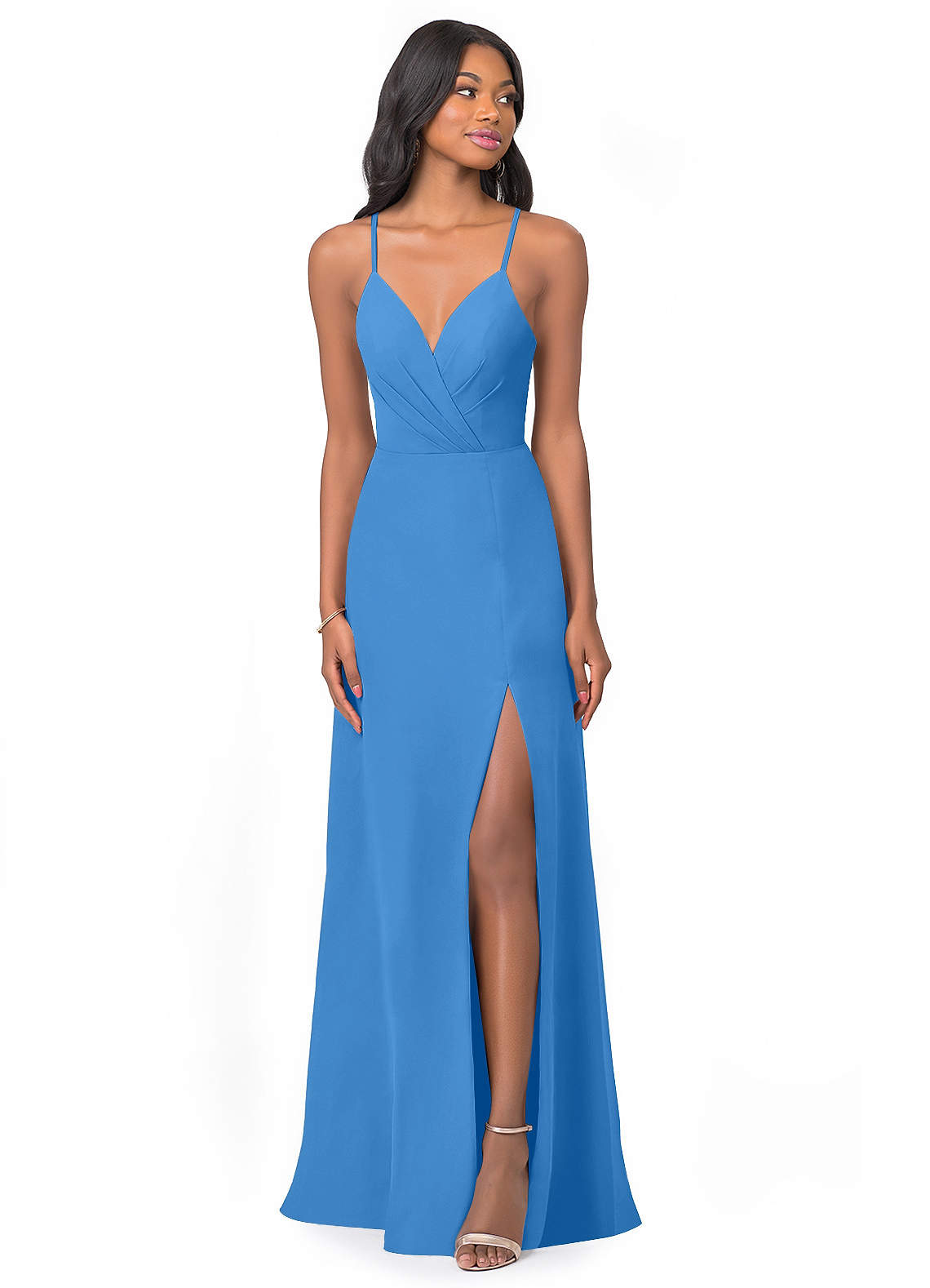 Azazie Everleigh Abiti da Damigella Abito A-Line in Chiffon con Scollo a Cuore a Pieghe Blue Jay image1