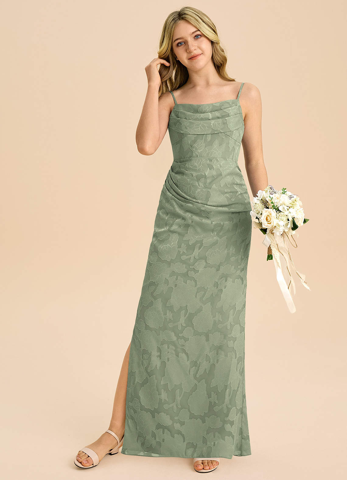 Azazie Mai Junior Agave Sheath Pleated Floral Burnout Dress image2