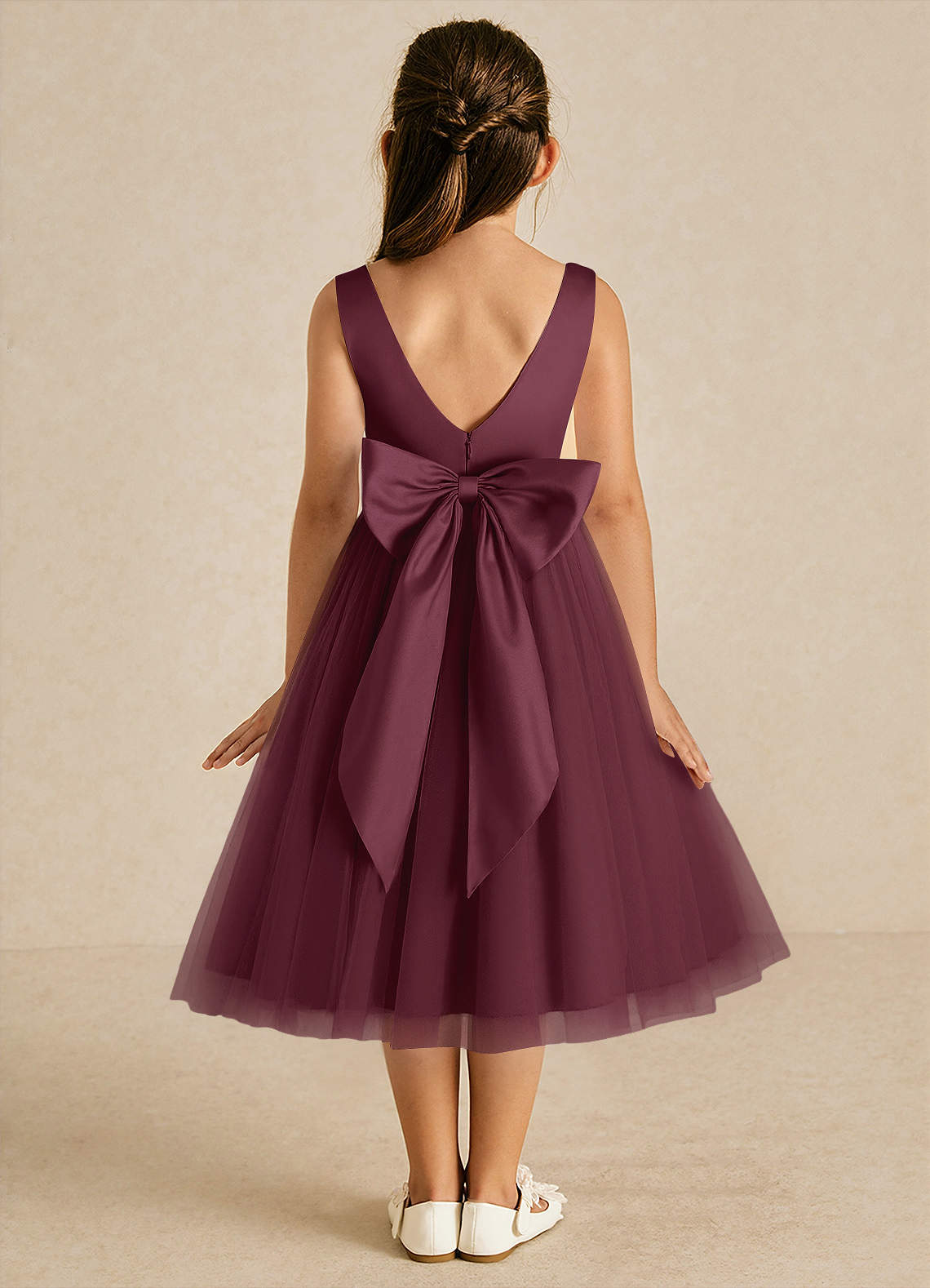 Azazie Firefly Flower Girl Dresses Cabernet A-Line Bow Matte Satin Dress image1