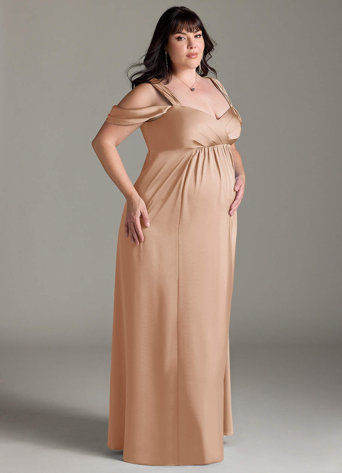 Azazie Rhea Maternity Bridesmaid Dresses A-Line Off-The-Shouler Pleated Stretch Satin Floor-Length Dress image9