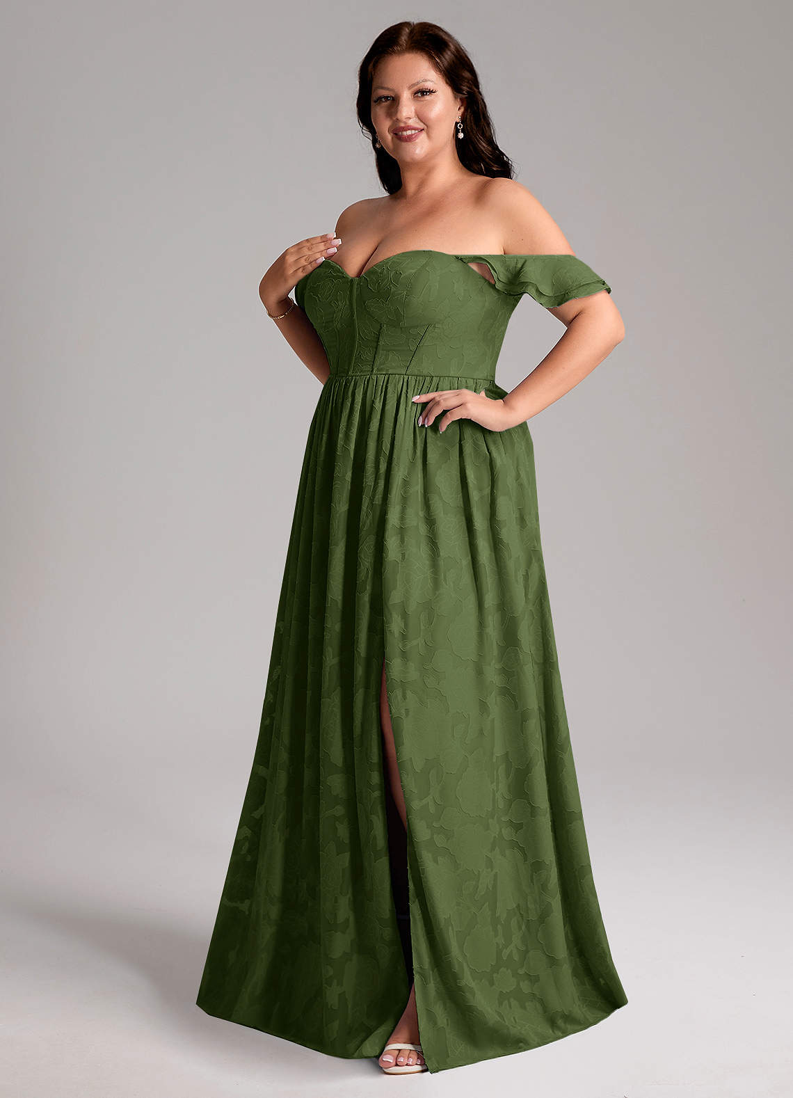 Azazie Denisse Vestidos de madrinha de casamento Vestido Oliva de Esgotamento Floral de Linha A com Ruched image10