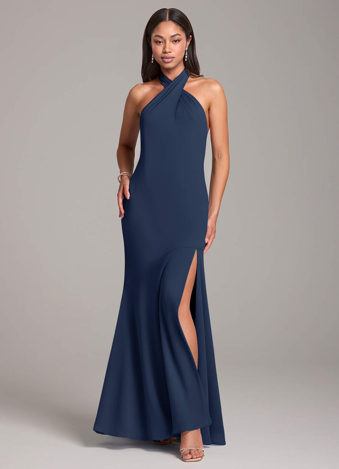 Azazie Mermaid Halter Neck Floor-Length Chiffon Bridesmaid Dresses - Dark Navy