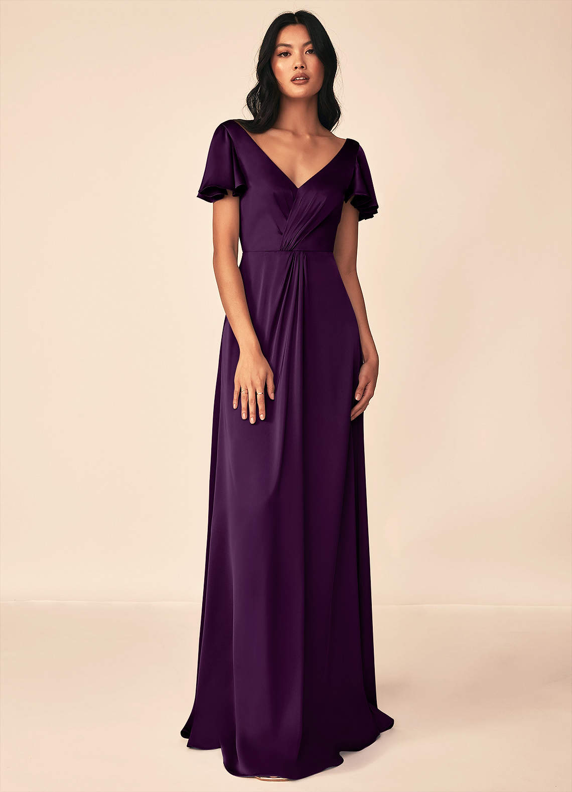 Azazie Soren Bridesmaid Dresses Grape A-Line Pleated Stretch Satin Dress image1