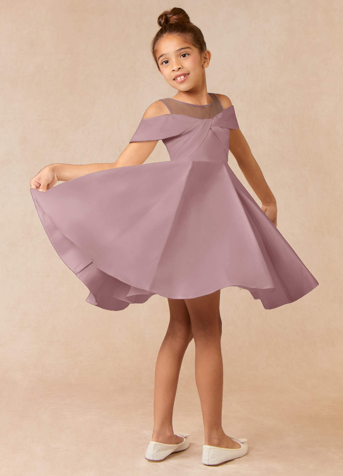 Azazie Shirin Flower Girl Dresses A-Line Off the Shoulder Matte Satin Knee-Length Dress image1
