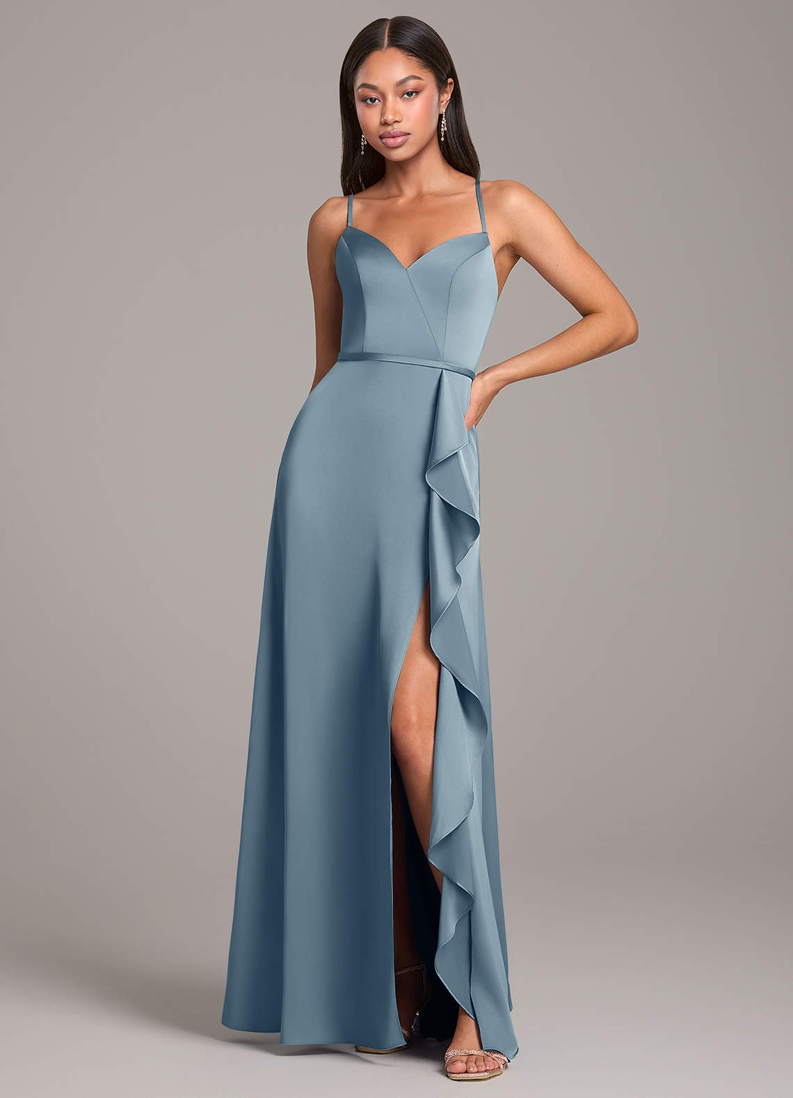 Azazie Naeem At-home Try On Dresses Dusty Blue A-Line Stretch Satin Dress image1