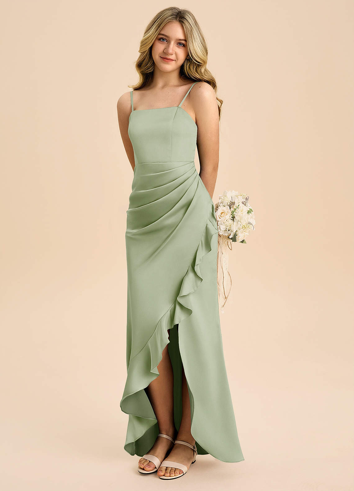 dusty sage junior bridesmaid dresses Junior Bridesmaid Dress Square Neck Satin A-Line Gown with Bow COCOMELODY B0C7KY63LX, Grey