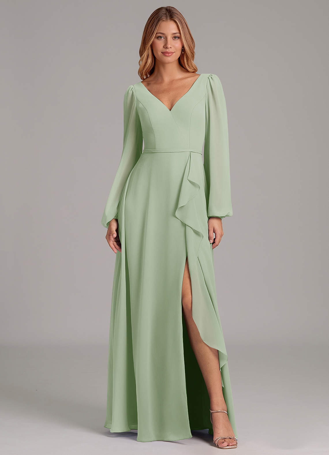 Azazie Simone Brudtärnklänningar Klänning av A-Linje i Chiffong Långärmad Dusty Sage image1