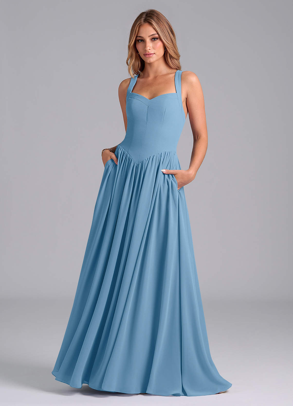 Azazie Francis Brautjungfernkleider A-Linie Korsett Chiffon Kleid Stahlblau image1