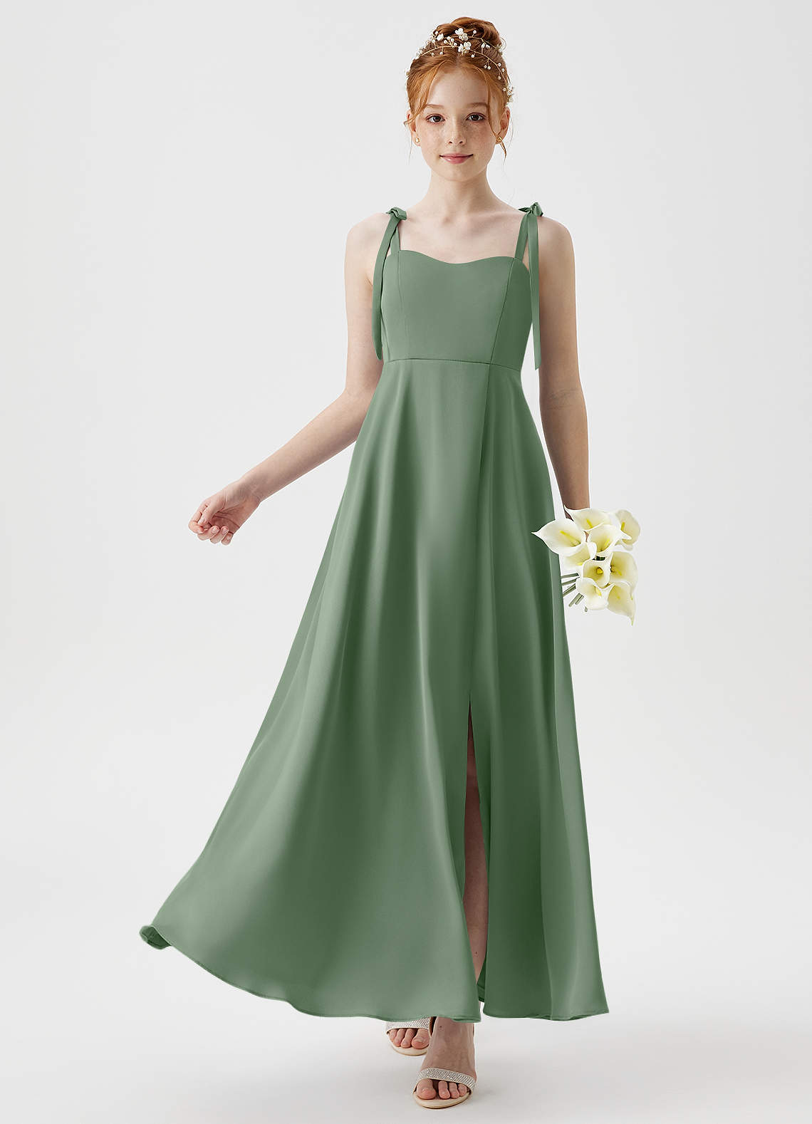 Azazie Rosey Junior Matcha A-Line Sweetheart Neckline Stretch Satin Dress image1
