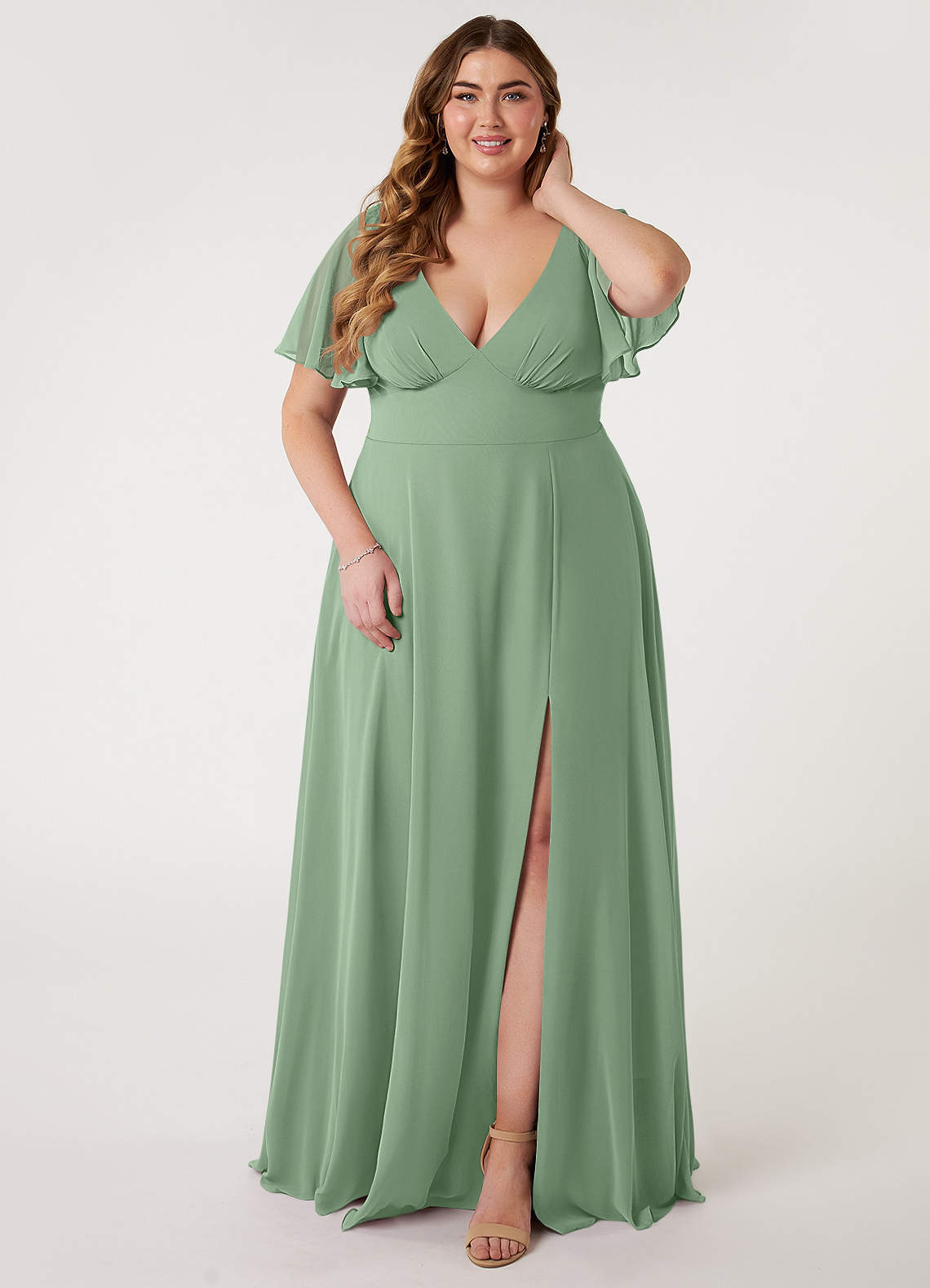 Azazie Kimber Bridesmaid Dresses Matcha A-Line Flounce Sleeve Chiffon Dress image1