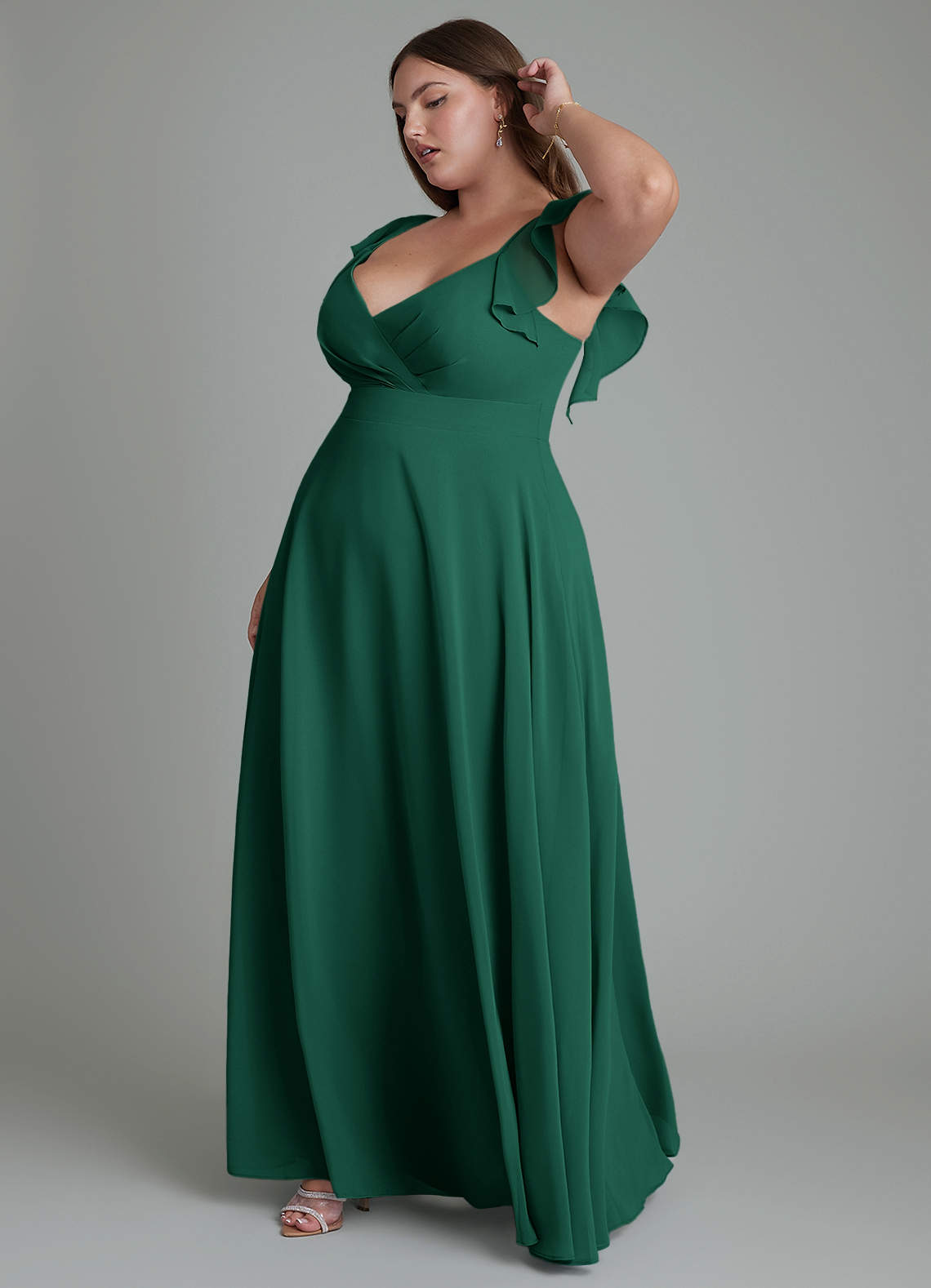 Azazie Leilani At-home Try On Dresses Emerald A-Line Pleated Chiffon Dress image9