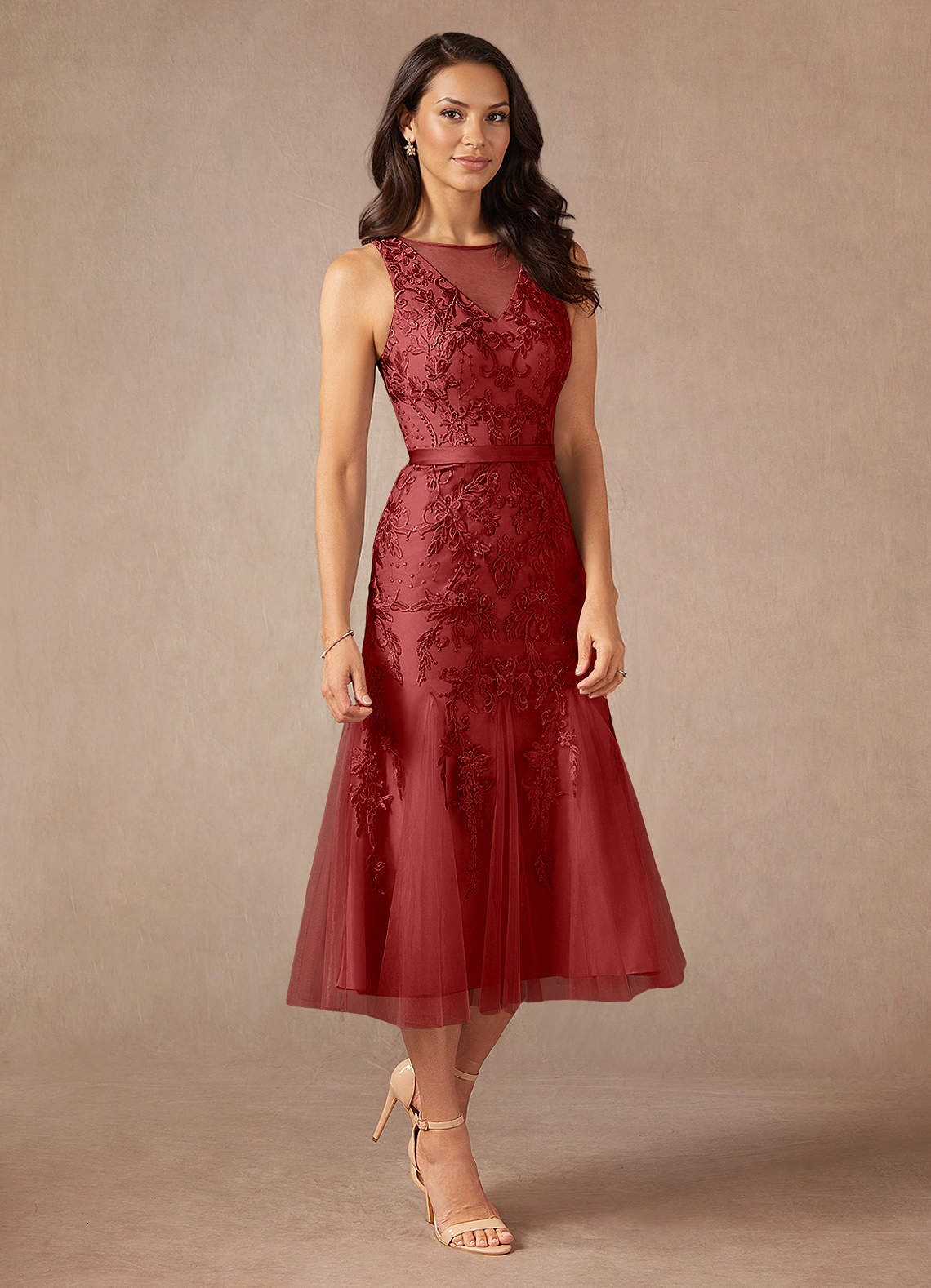 chinese dress ladies Latin Quarters Women Rust Floral Lace Fit & Flare Midi Dress for Party