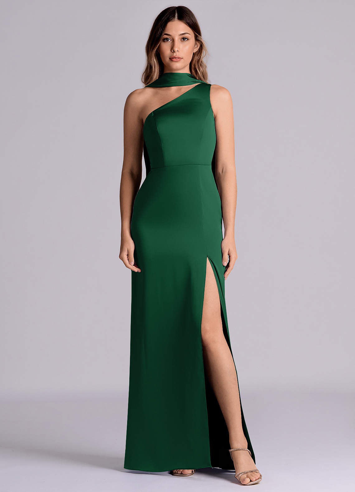 Azazie Phaedra 신부 들러리 드레스 A라인 한쪽 어깨 스트레치 새틴 바닥 길이 드레스 image1