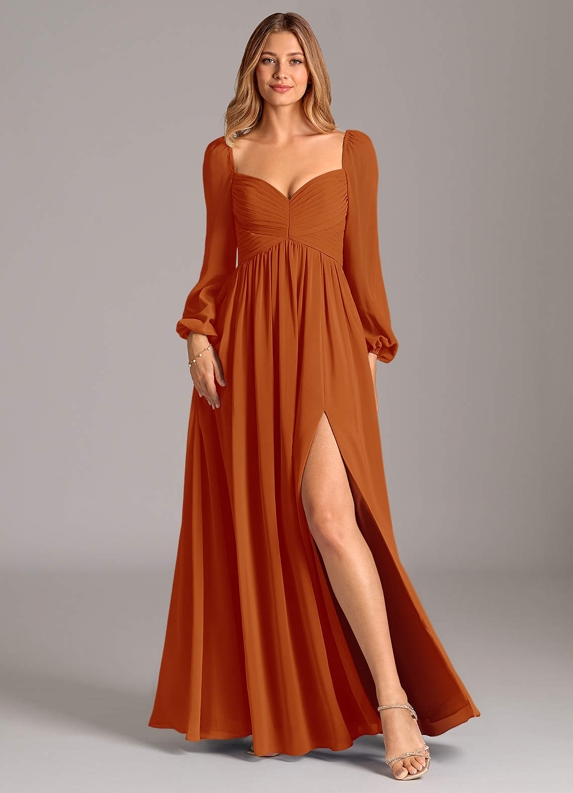 Azazie Alia Robes de demoiselle d'honneur Robe Trapèze en Mousseline de soie Manche longue Paprika image1