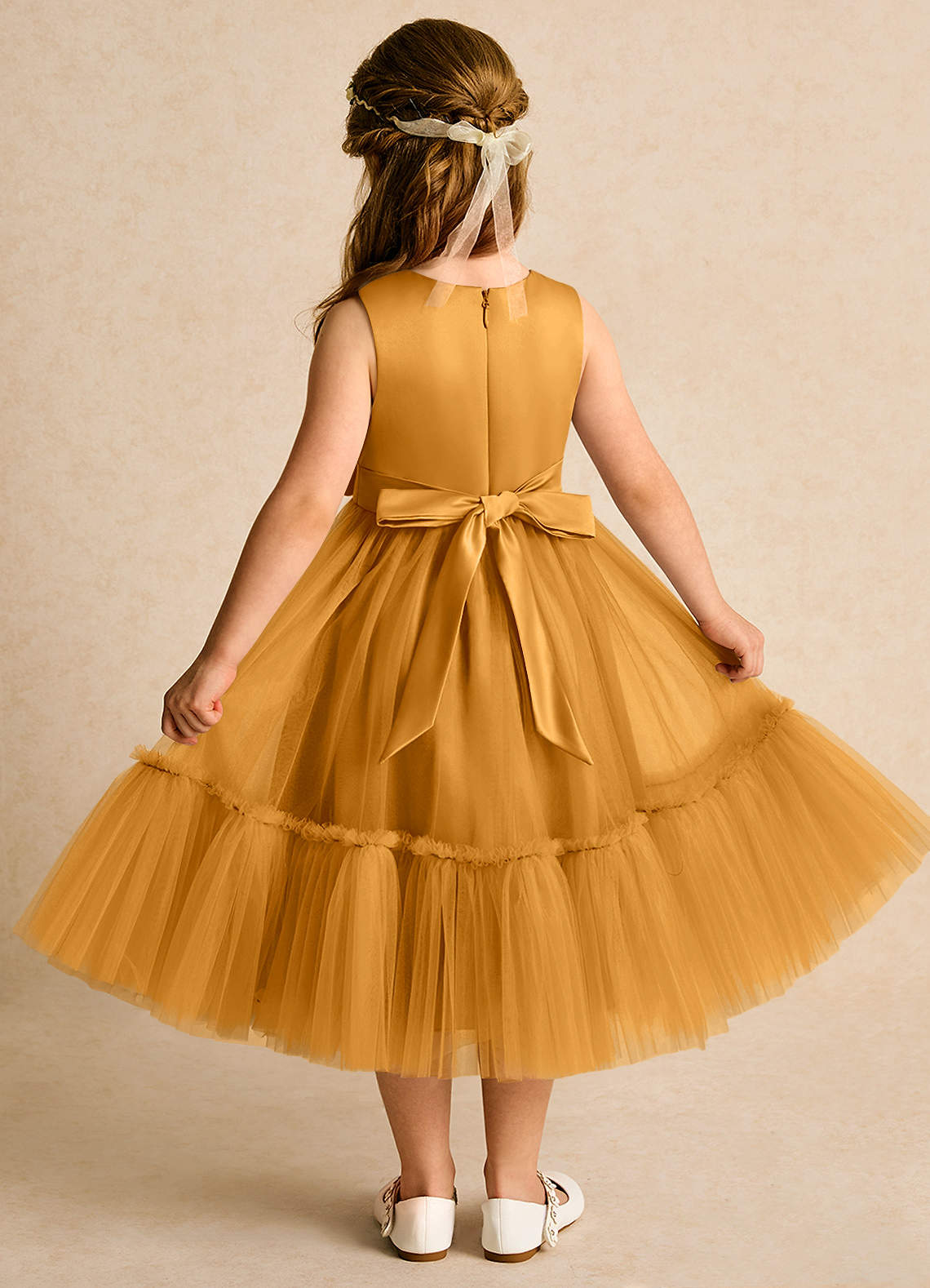 Azazie Miracle Flower Girl Dresses Butterscotch A-Line Bow Matte Satin Dress image1