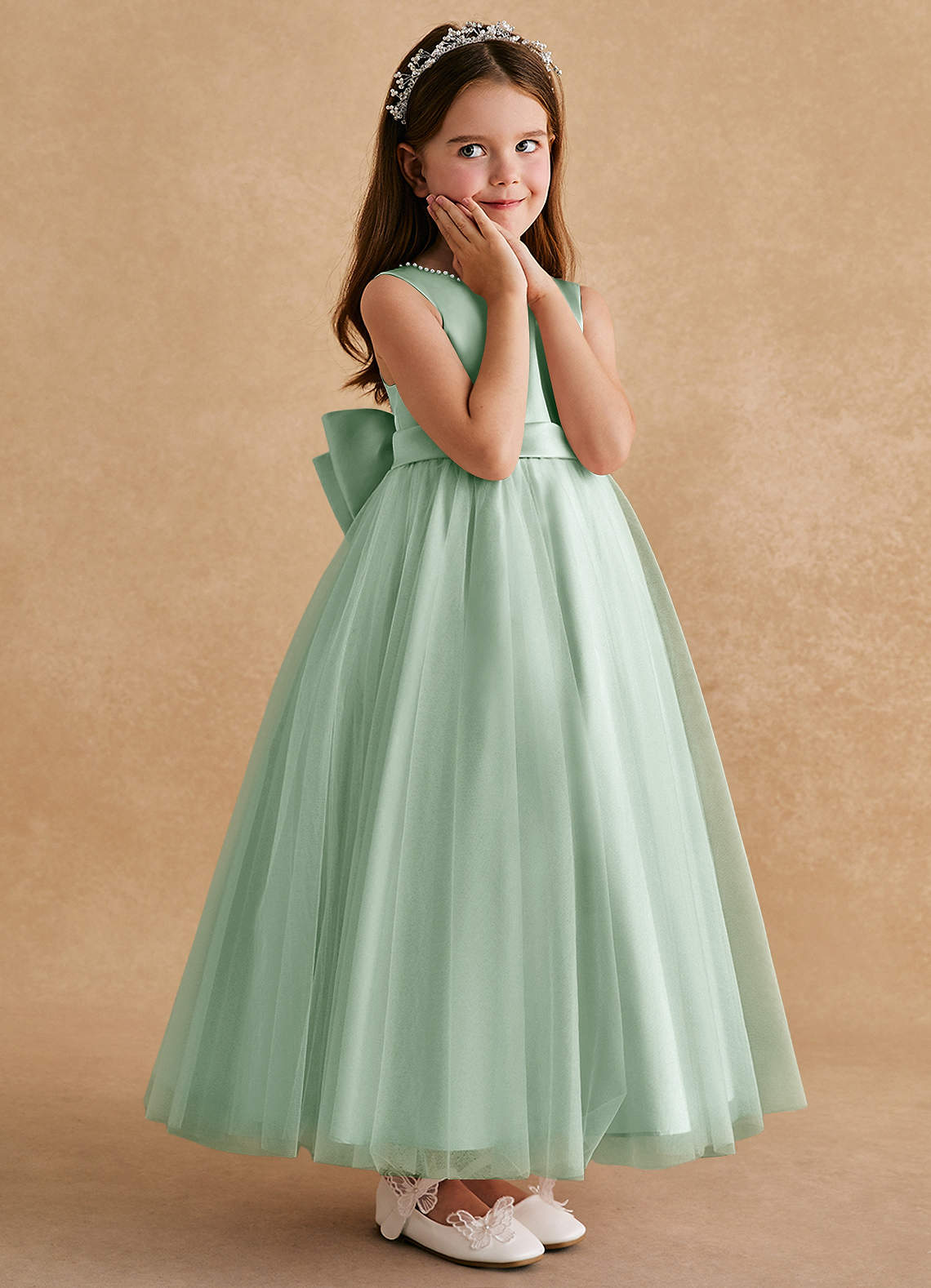 Azazie Cookie Flower Girl Dresses Agave A-Line Bow Tulle Dress image2