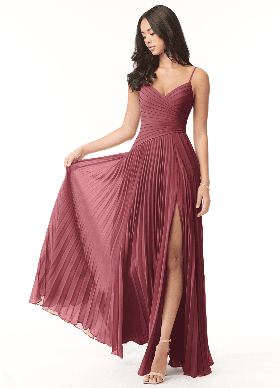 Azazie Vini Bridesmaid Dresses Merlot A-Line V-Neck Pleated Chiffon Dress image1