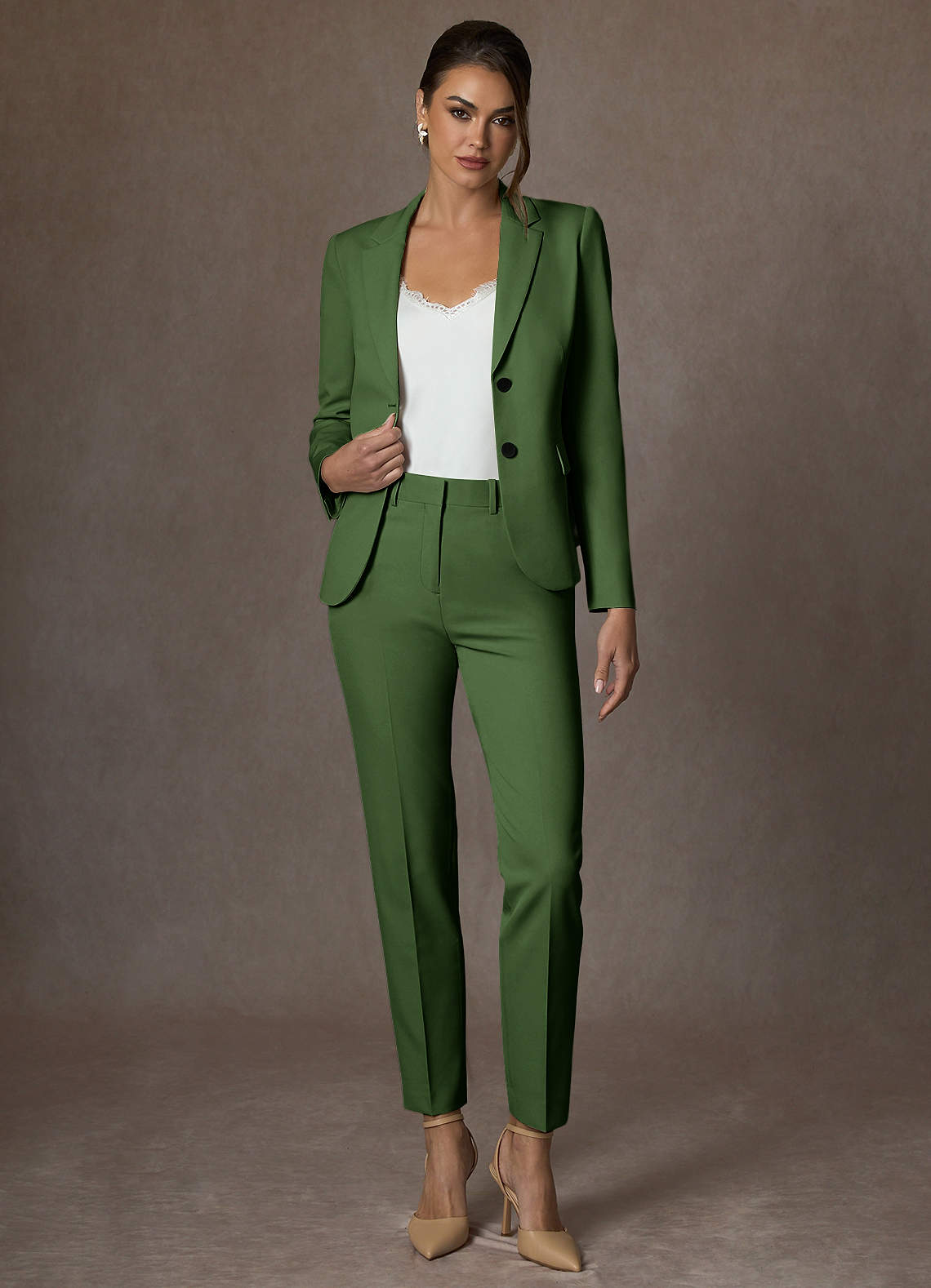 front Whitney Olive Structured Stretch Full Length Pants Suit