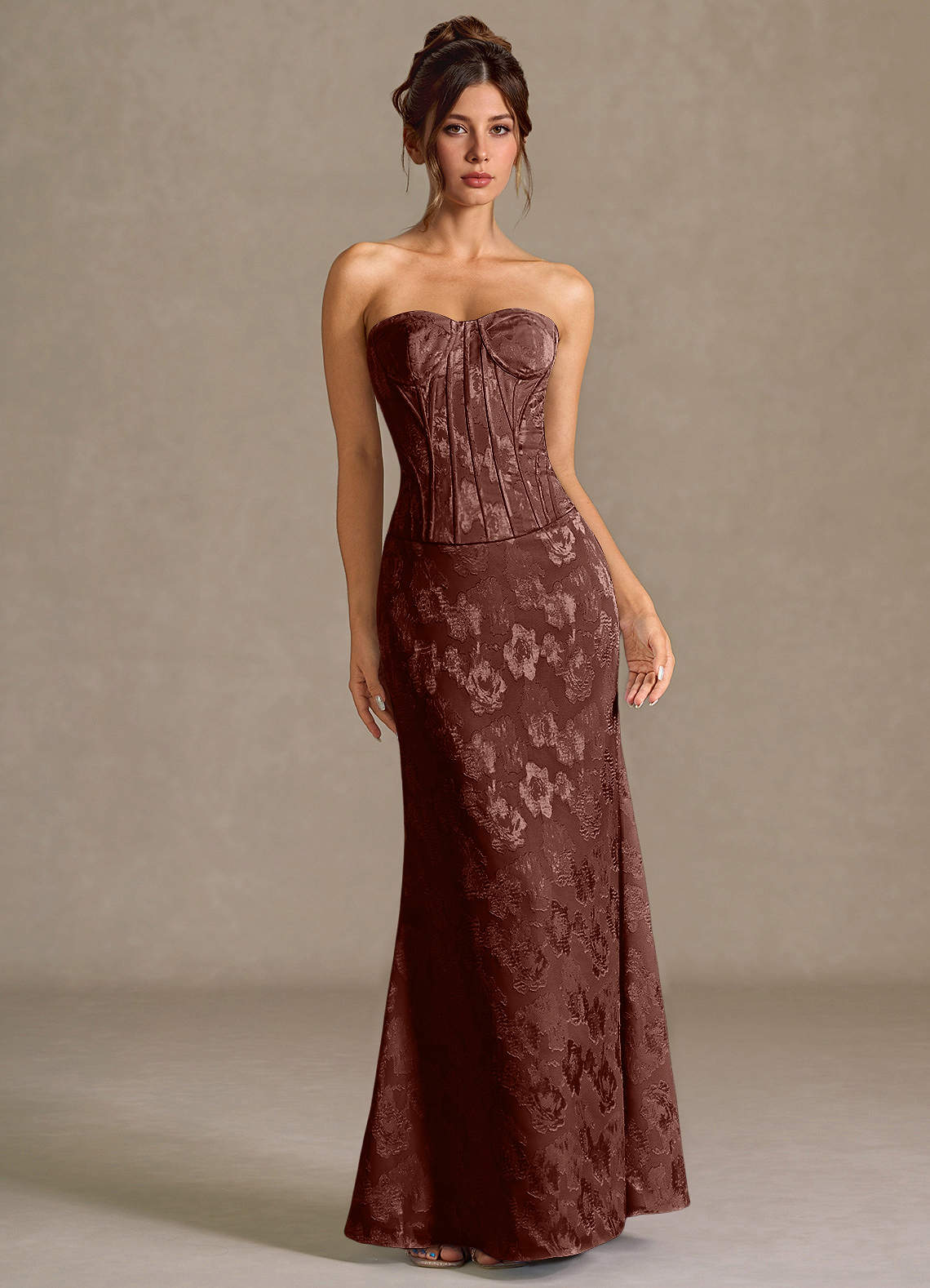 Azazie 2026 Sexy Lace Up Column Prom Dress Mocha Coco Gown