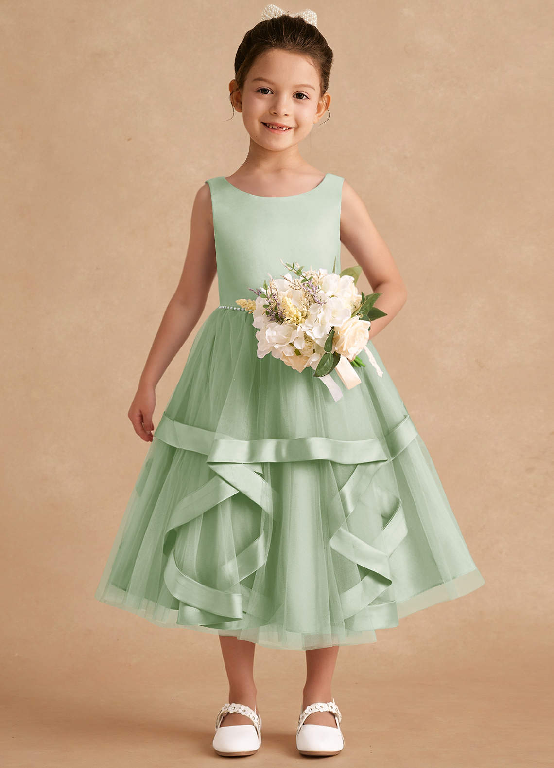 Azazie Posy Flower Girl Dresses Dusty Sage A-Line Beaded Tulle Dress image3
