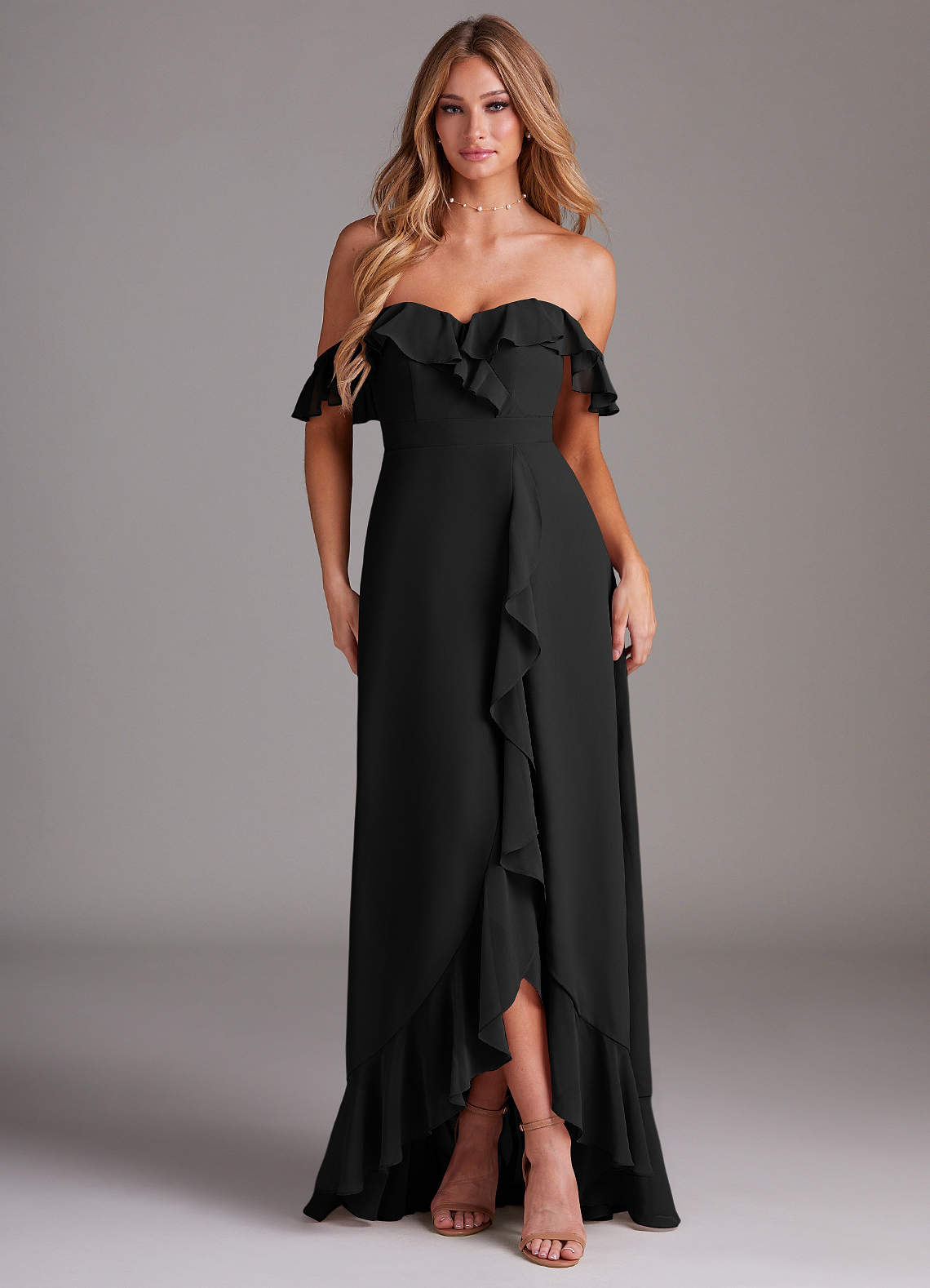 Azazie Lyra Bridesmaid Dresses Black A-Line Chiffon Convertible Dress image1