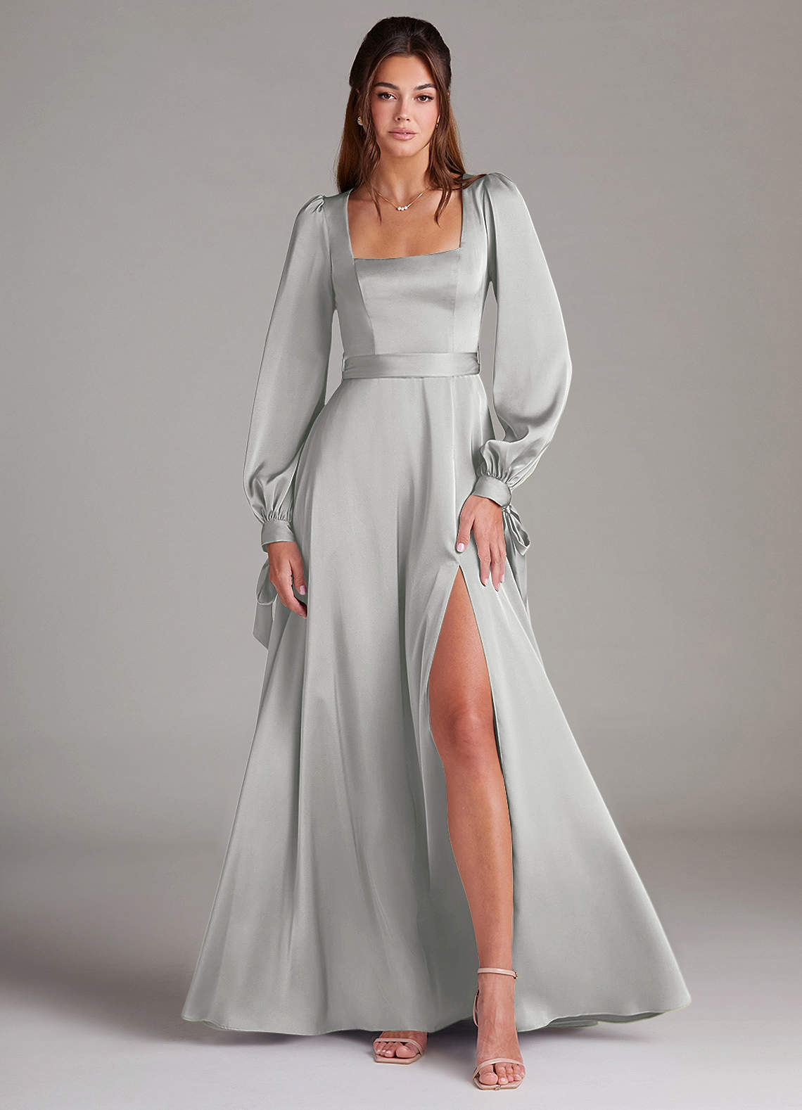 Azazie Leonia Bridesmaid Dresses Silver A-Line Long Sleeve Stretch Satin Dress image1