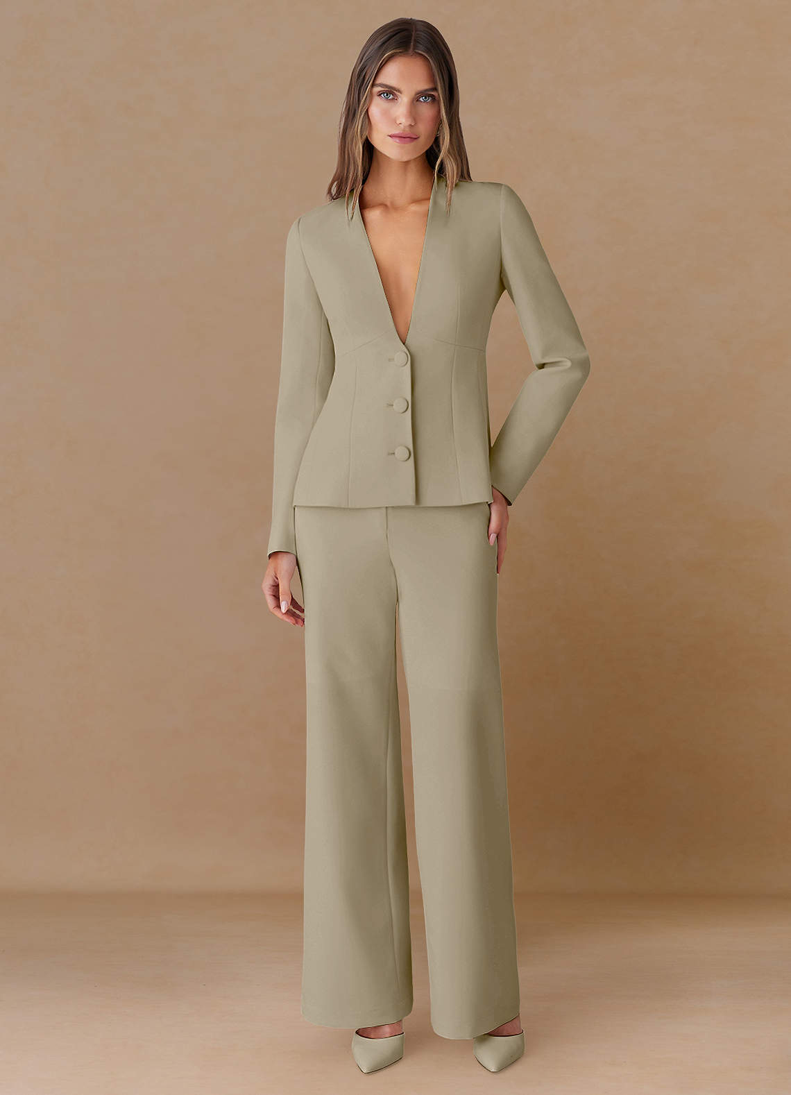 front Elara Tan Blazer a medida de tejido refinado