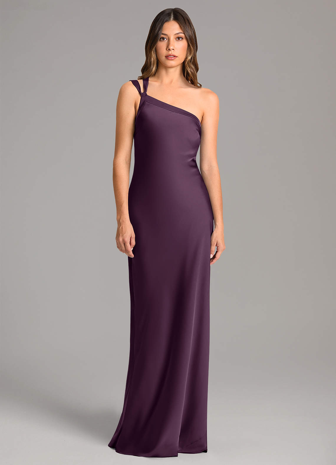 plum one shoulder bridesmaid dress Azazie Mermaid One-Shoulder Floor-Length Stretch Satin Bridesmaid Dresses