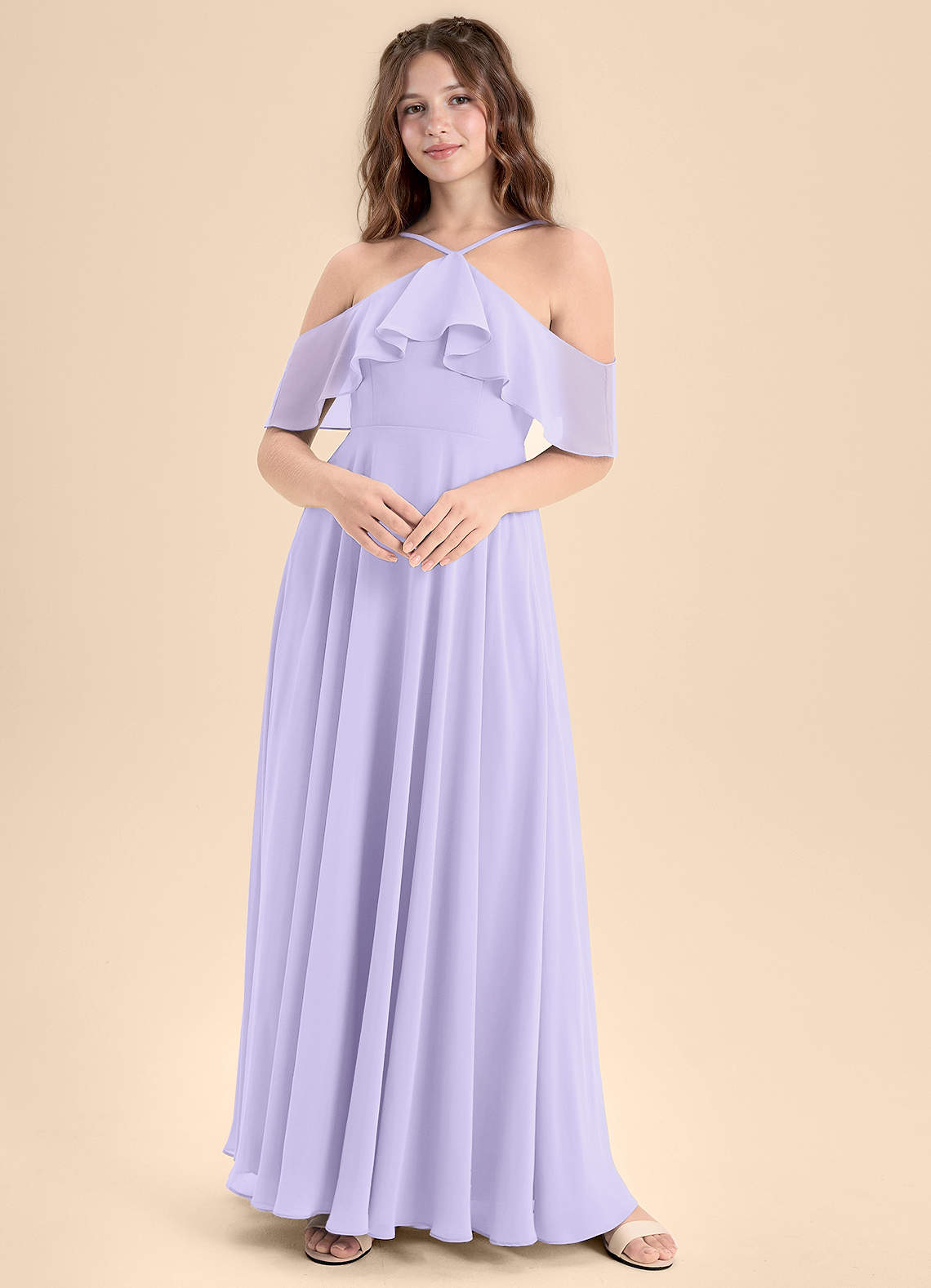 Azazie Tessabelle Junior Lilac A-Line Off the Shoulder Chiffon Dress image1
