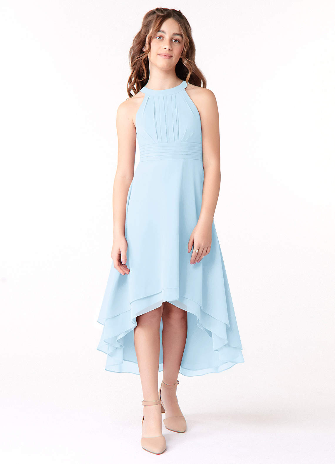 Azazie Linna Junior Vestido de Azul Cielo de Gasa de Corte En A con Plisado image1