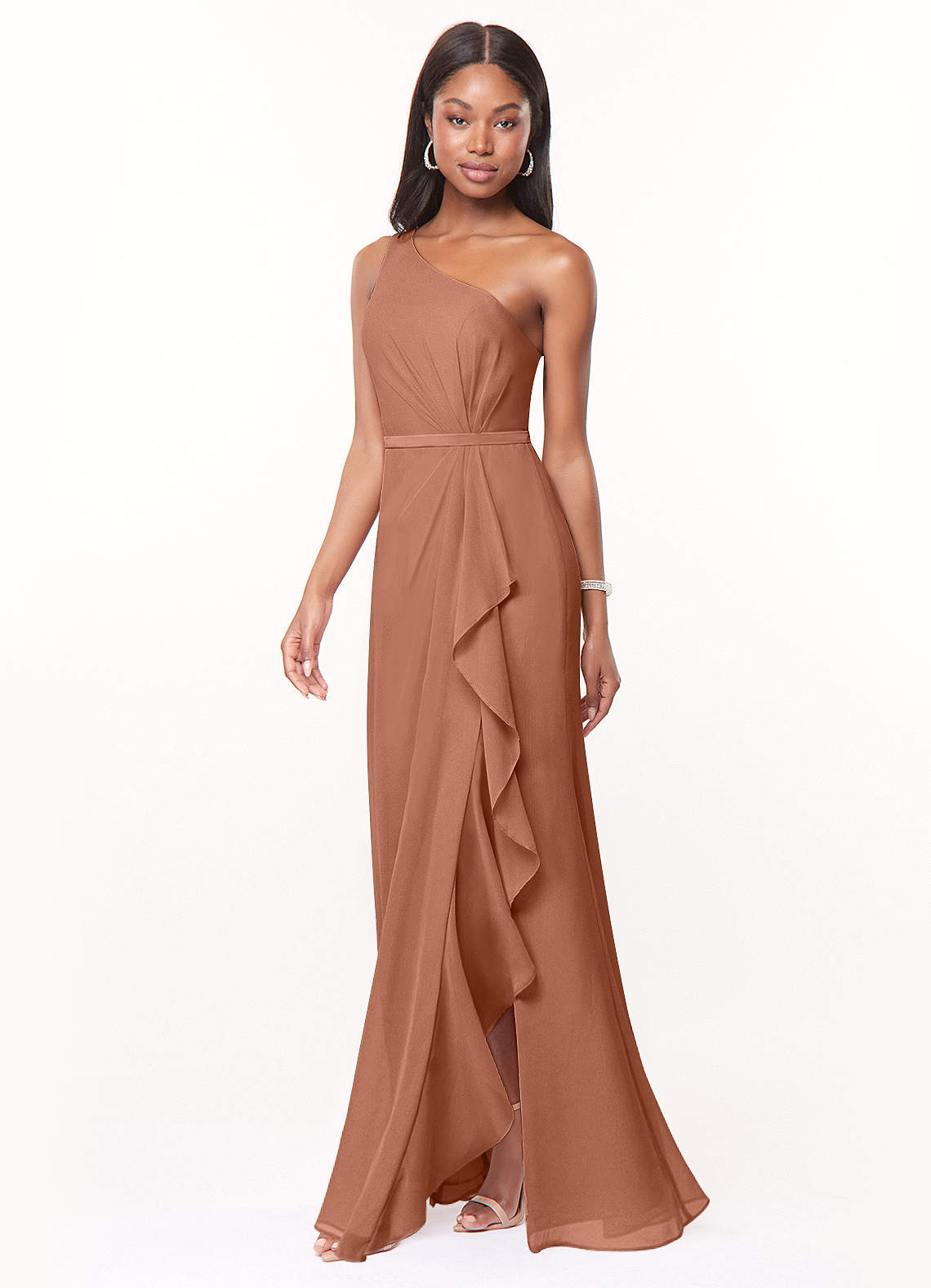 Azazie Liza Jurken voor bruidsmeisjes Jurk van Chiffon met Zeemeermin One-Shoulder Bronzeertint image1
