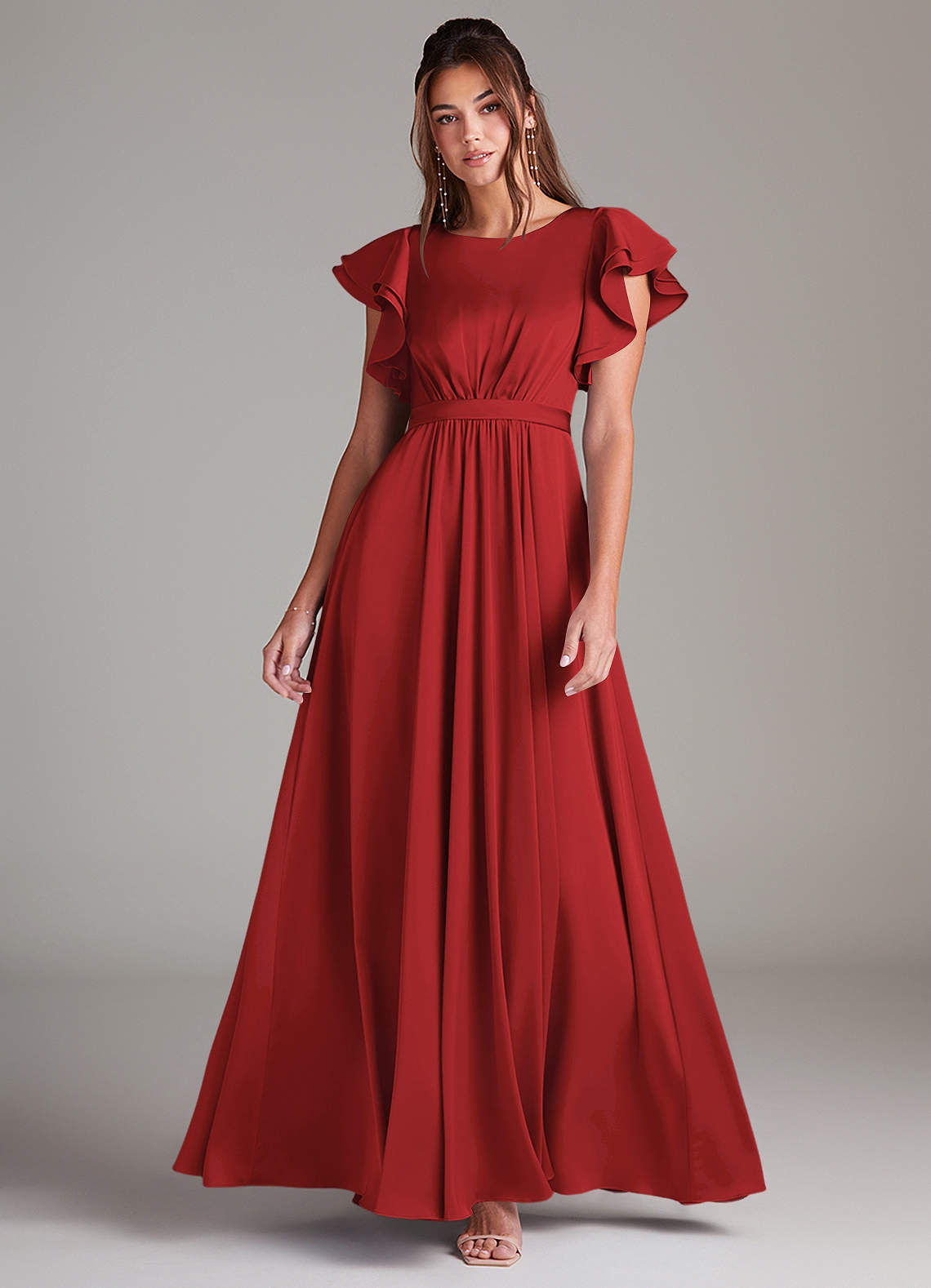 Azazie Daphne Modest Bridesmaid Dresses A-Line Ruched Stretch Satin Floor-Length Dress image1