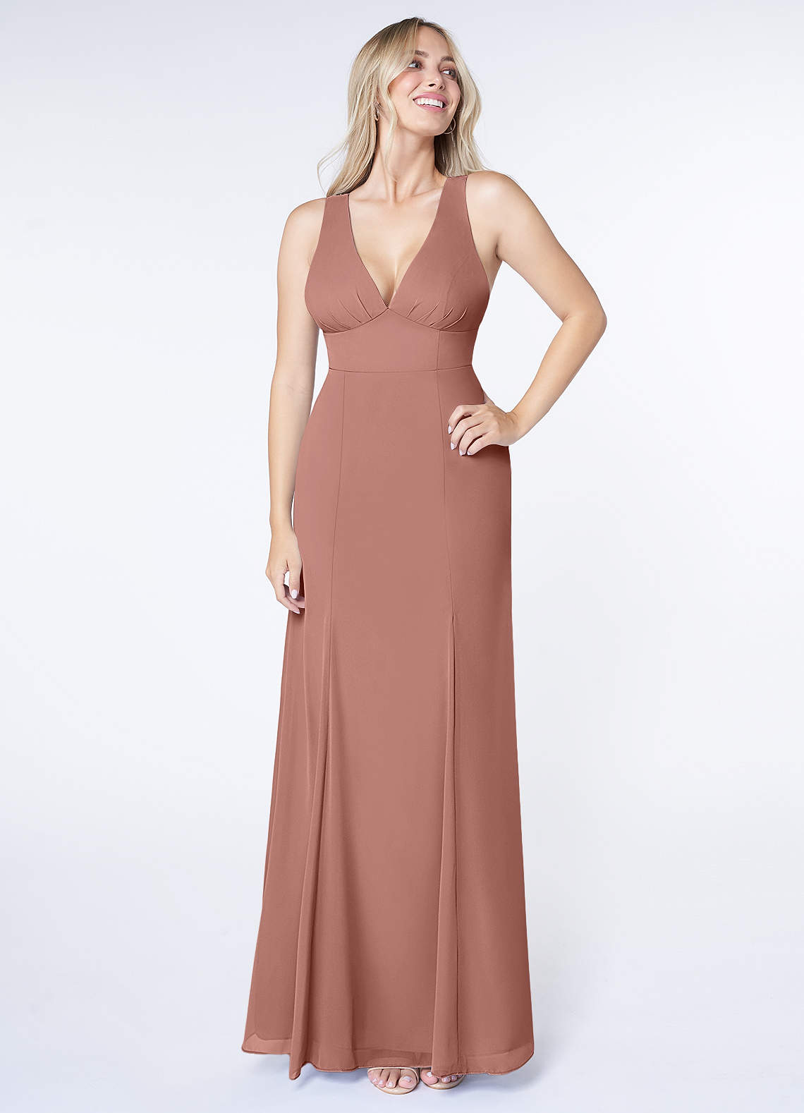Azazie Christiana Bridesmaid Dresses Cedar Rose A-Line V-Neck Pleated Chiffon Dress image1