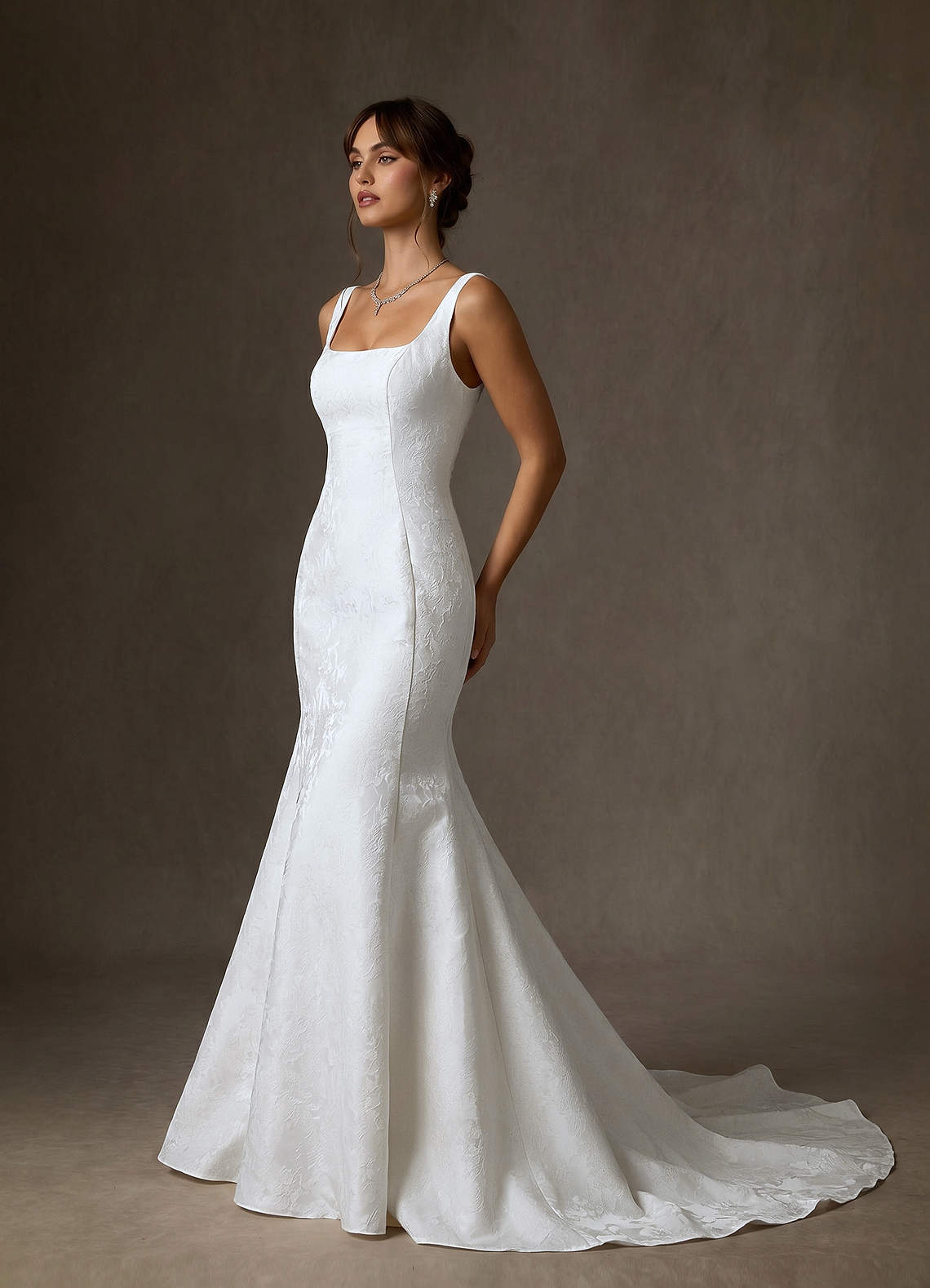 Azazie Quinn Wedding Dresses Diamond White Mermaid Square Neckline Floral Jacquard Dress image2