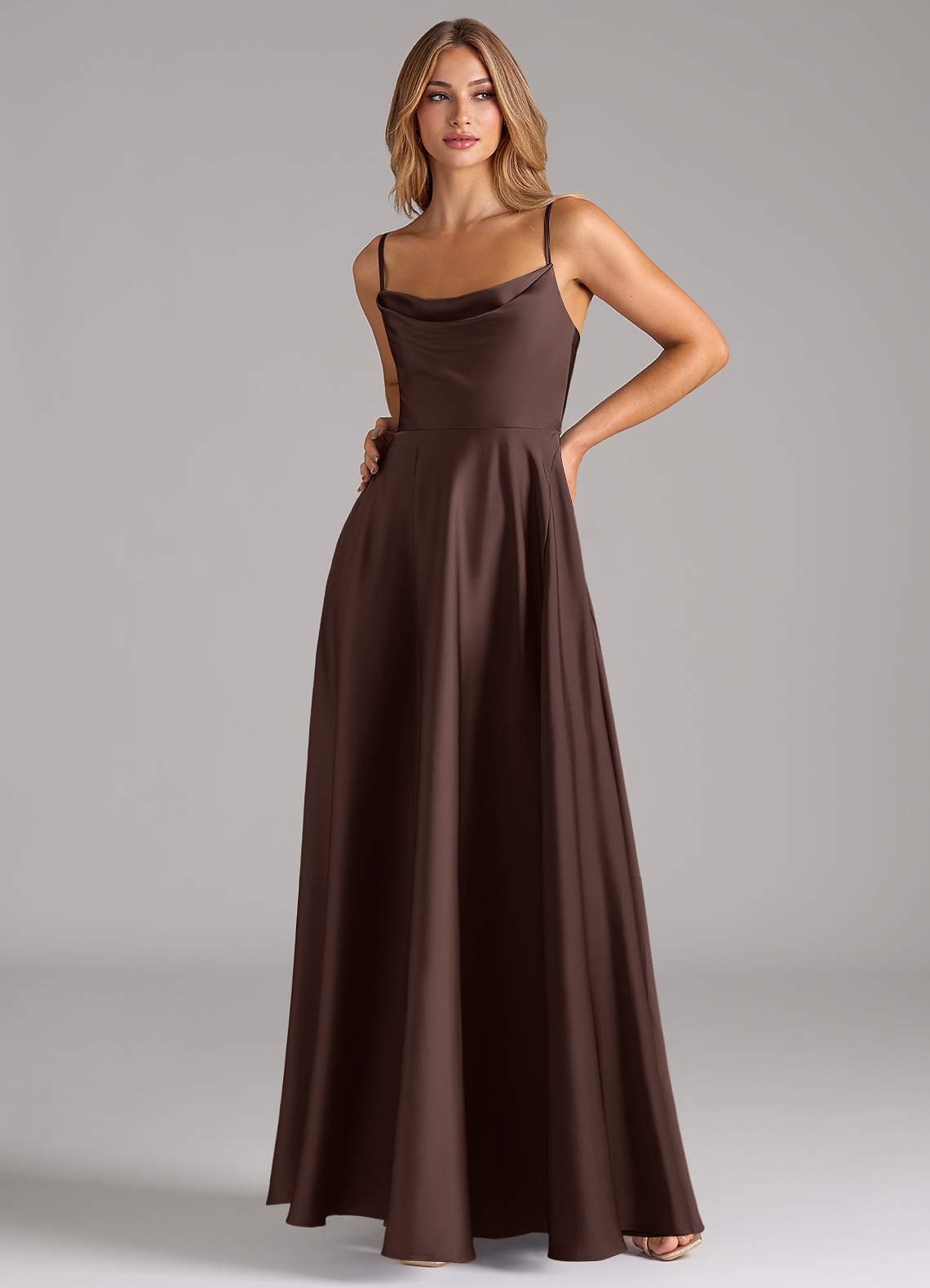 Azazie Elle Bridesmaid Dresses Ganache A-Line Pleated Stretch Satin Dress image4