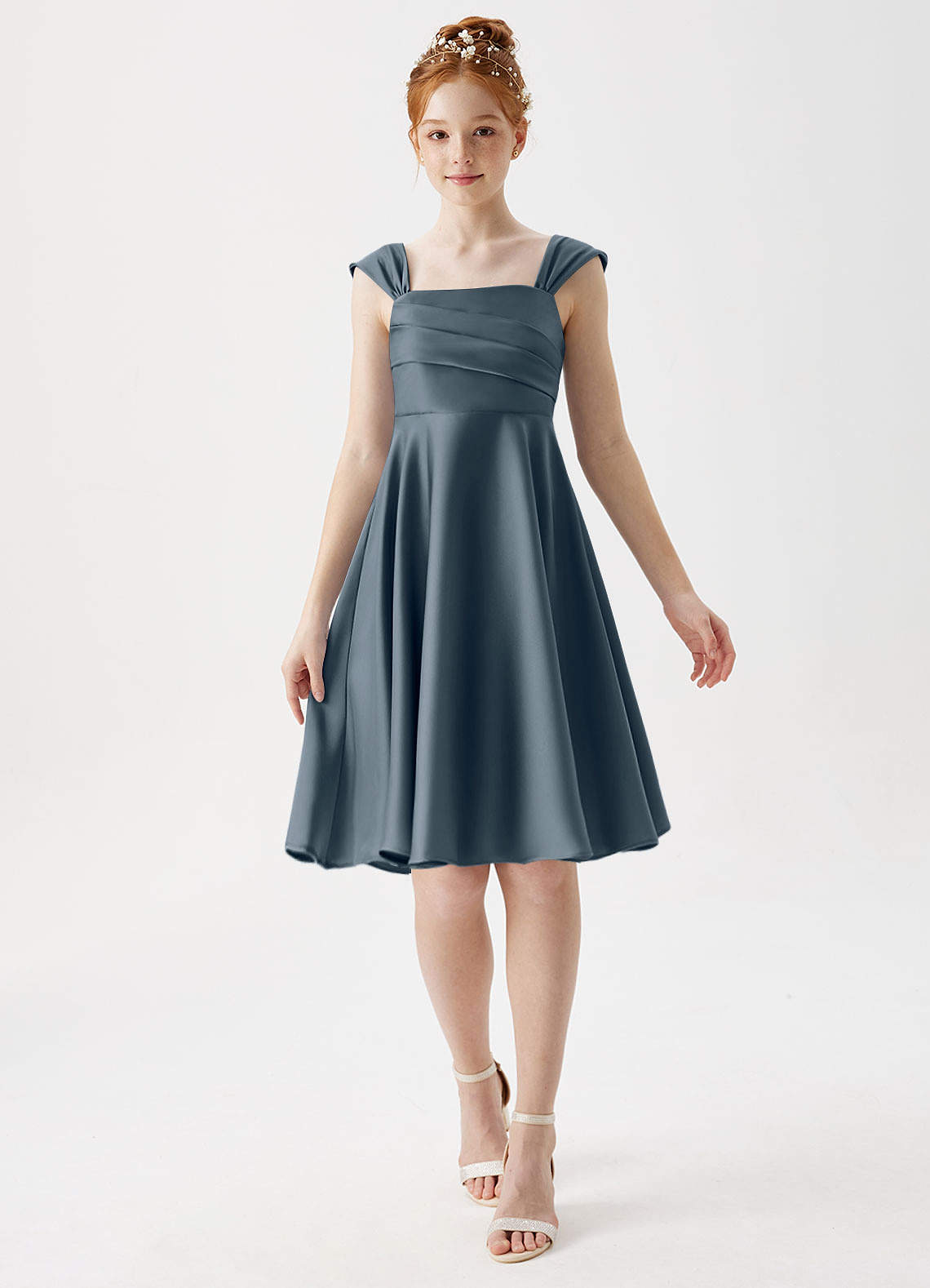 Azazie Amira Junior Twilight A-Line Pleated Stretch Satin Dress image1
