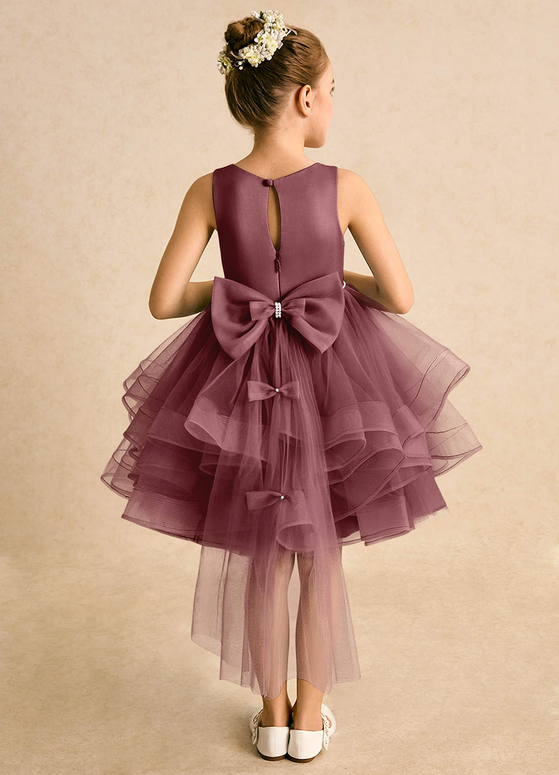Azazie Tinie Blumenmädchenkleider Ballkleid Schleifen Tüll Kleid Wüstenrose image1