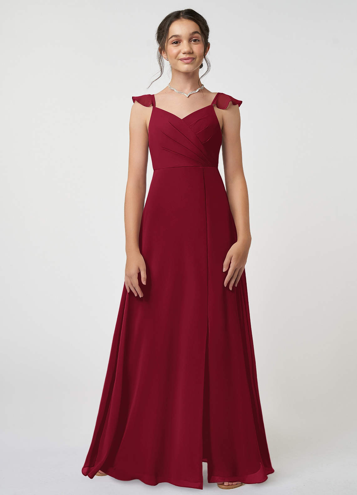 Azazie Amada Junior Burgundy A-Line Ruched Chiffon Dress image1