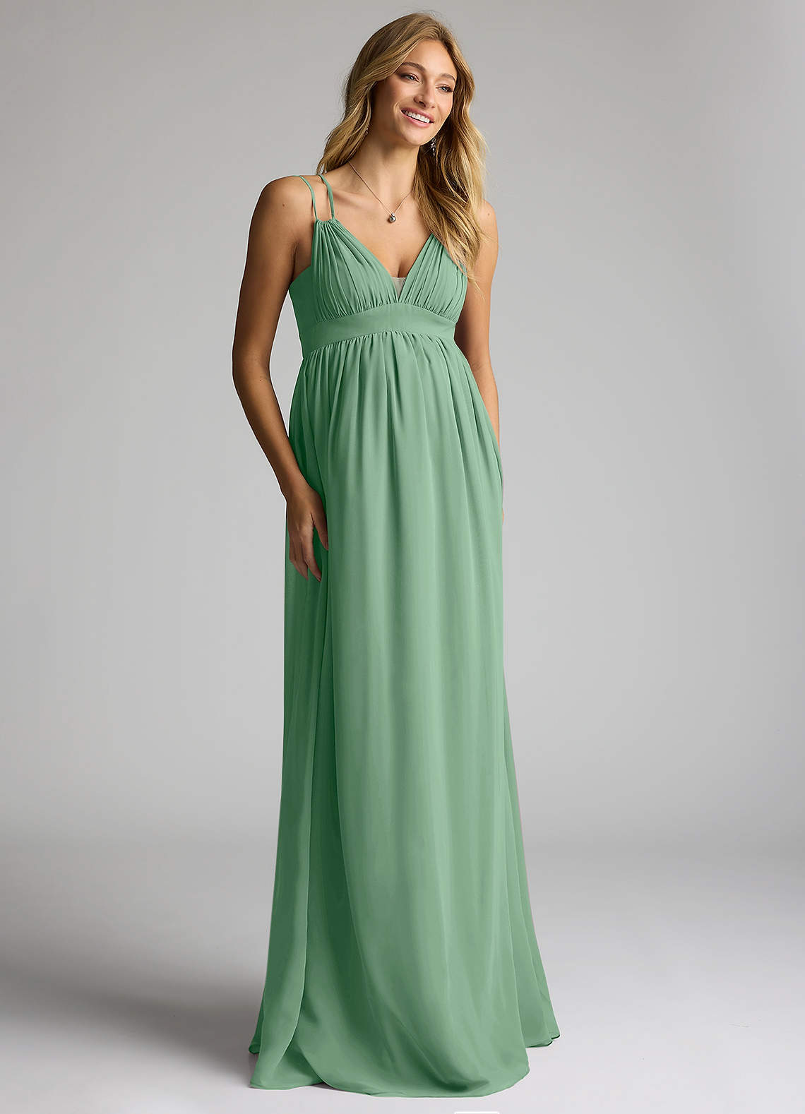 Azazie Emree At-home Try On Dresses A-Line Chiffon Floor-Length Dress image2