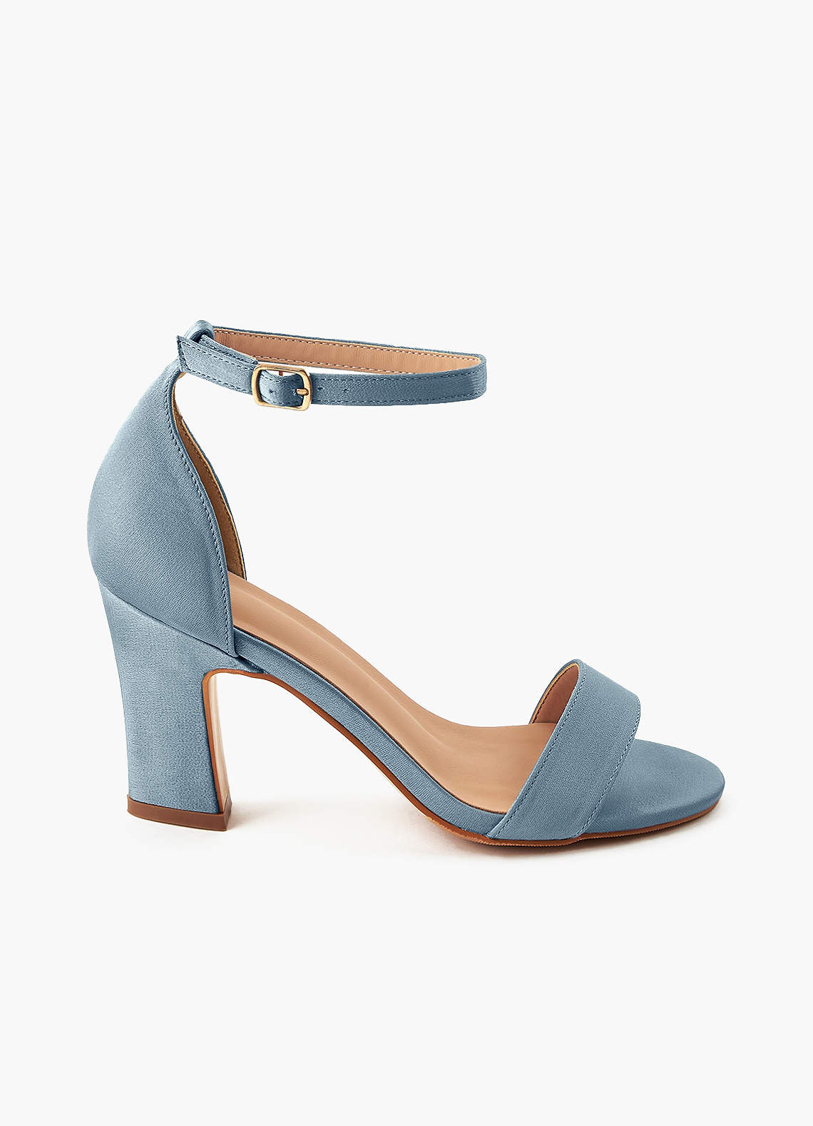 front Matchande färg Stretch Satin One Strap Spänne Chunky Heel Sandaler