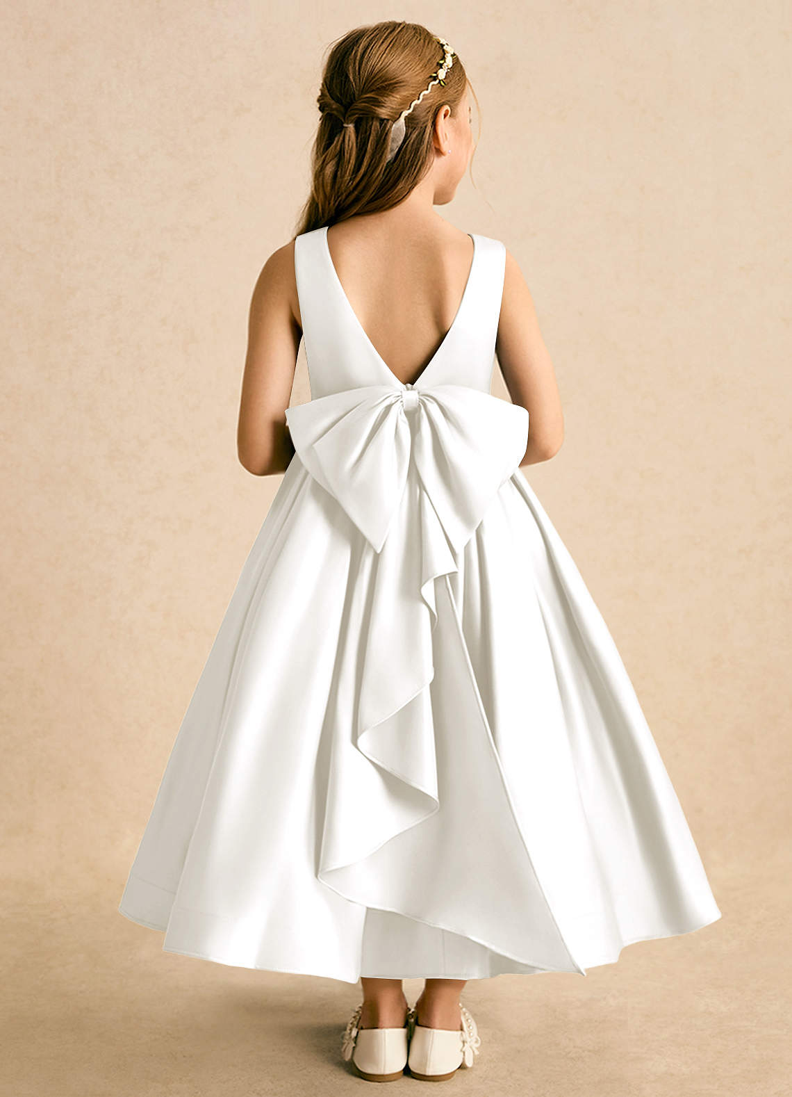 Azazie Cailee Flower Girl Dresses Ivory Ball-Gown Pleated Matte Satin Dress image1