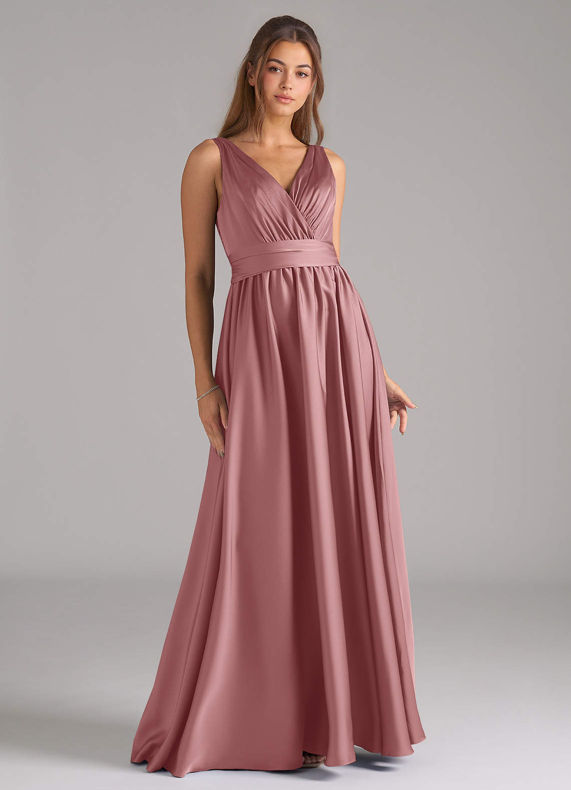 Azazie Kora Bridesmaid Dresses Dusty Rose A-Line Pleated Stretch Satin Dress image1