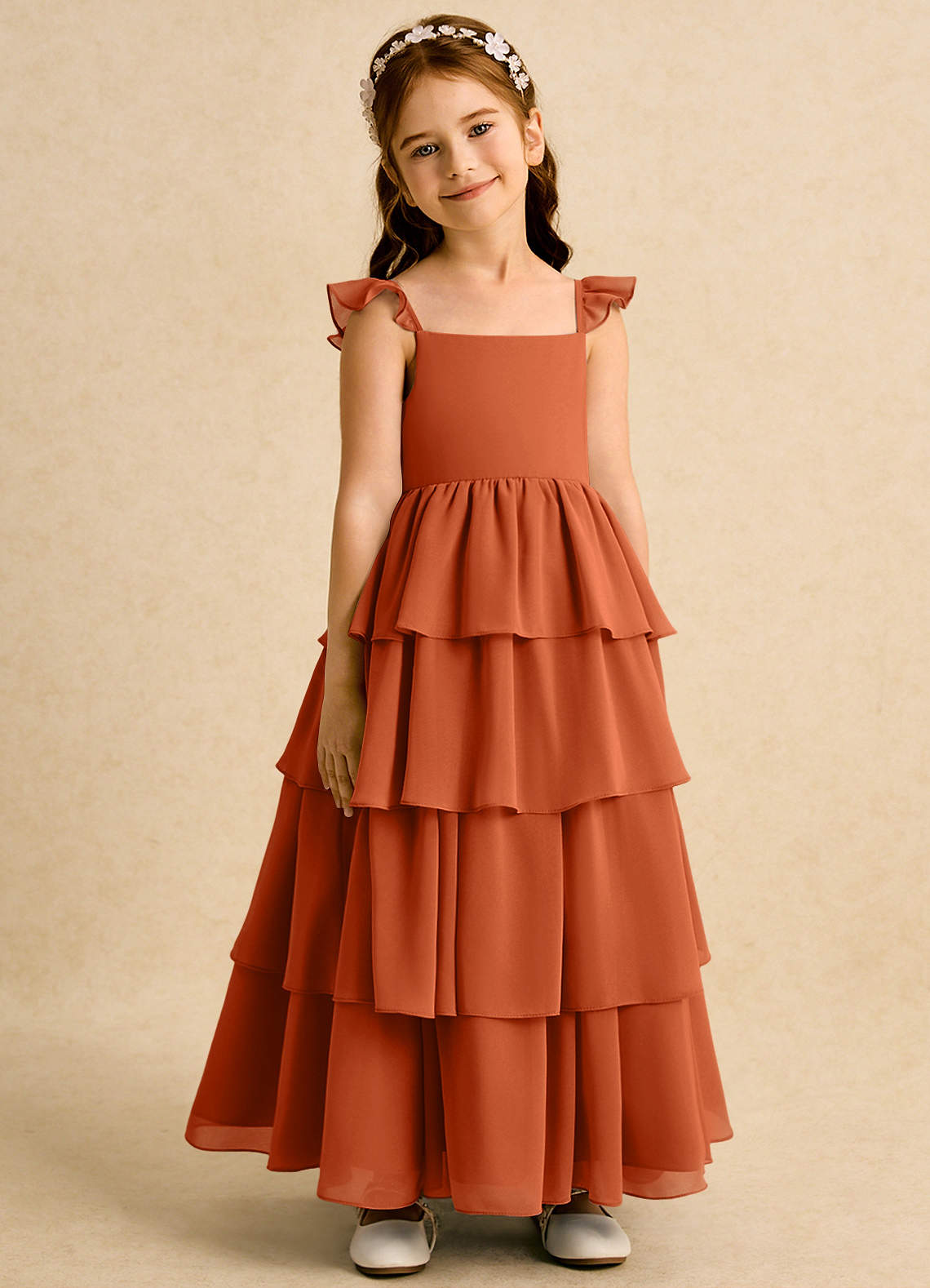 Azazie Boba Blumenmädchenkleider A-Linie Rechteckiger Ausschnitt Chiffon Kleid Gebranntes Orange image1