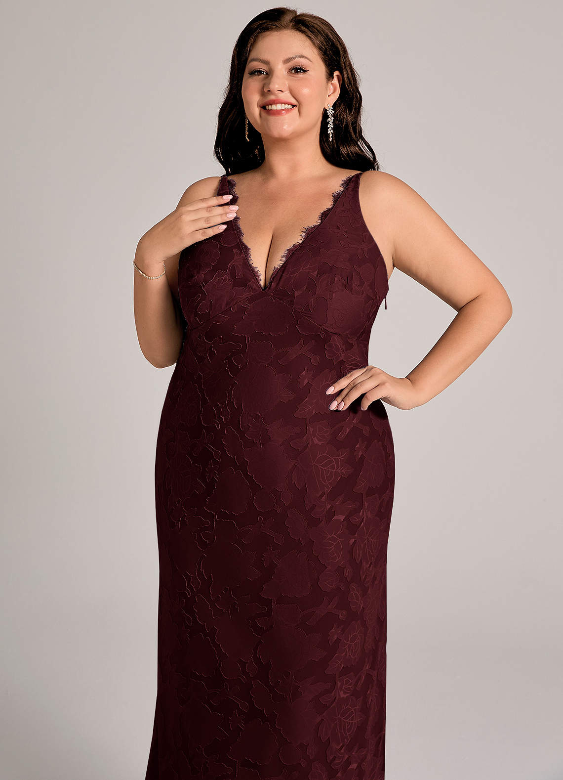 Azazie Tianna Bridesmaid Dresses Cabernet Sheath Lace Floral Burnout Dress image11