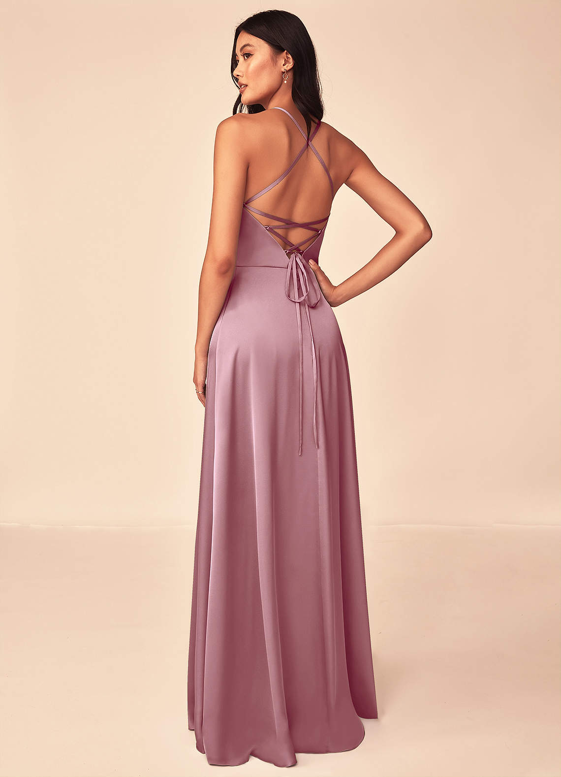 Azazie A-Line V-Neck Floor-Length Stretch Satin Bridesmaid Dresses Vintage Mauve