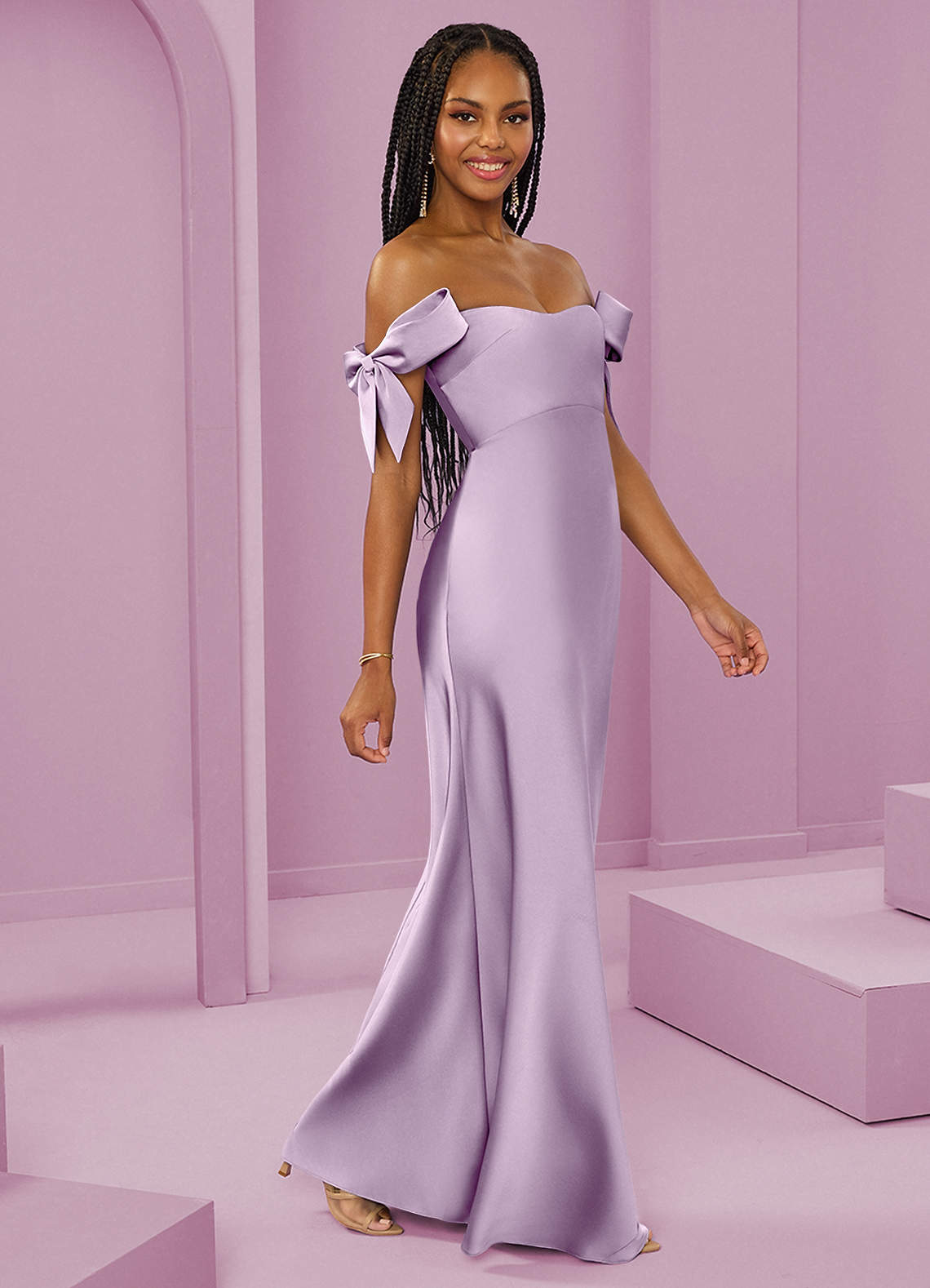 Barbie ♥ Azazie Vestidos de damas de honor Vestido de Lila Esmerilada de Satén Elástico de Corte Recto Convertible con Vestidos sin tirantes image1