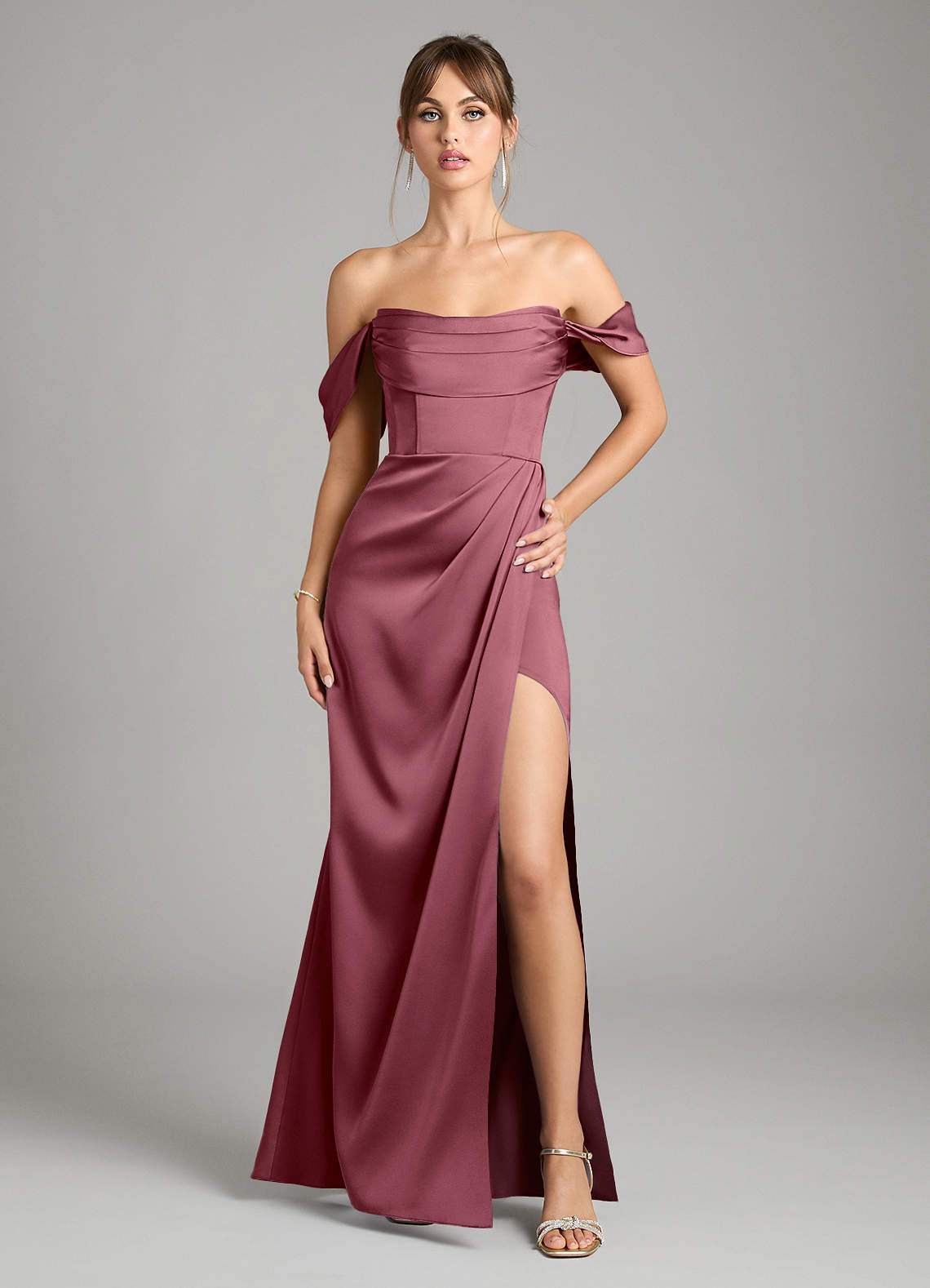 Azazie Johana Bridesmaid Dresses Desert Rose Mermaid Off the Shoulder Stretch Satin Convertible Dress image1