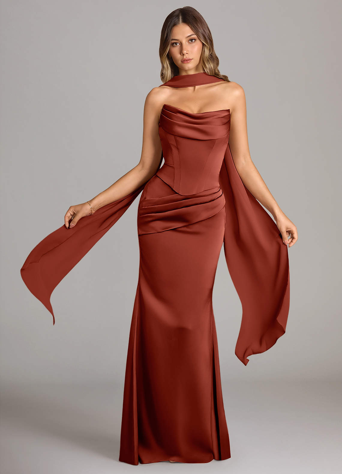 red strapless bridesmaid dress One Shoulder Chiffon Long Bridesmaid Dress with Slit