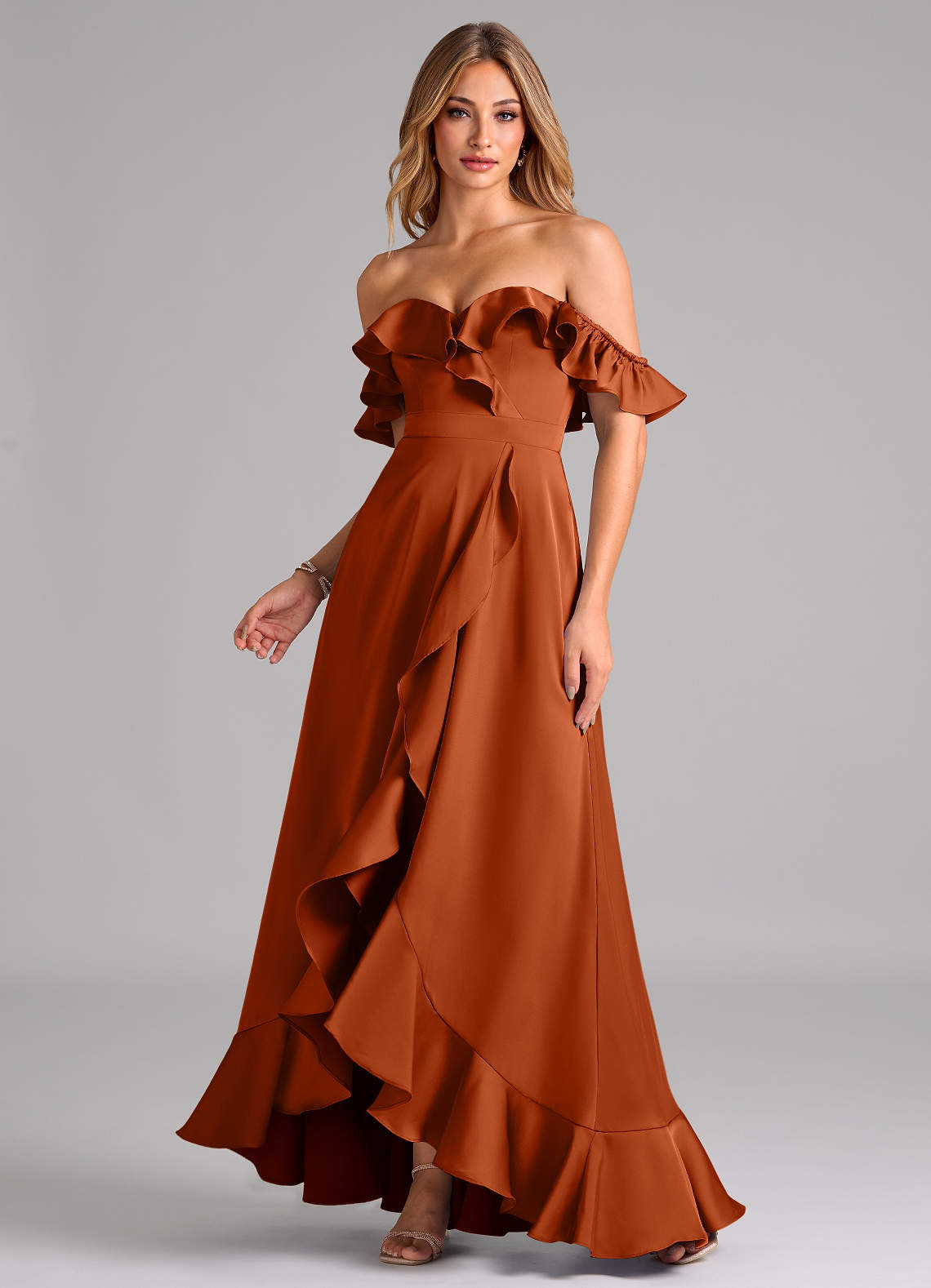 Azazie Lyra Bridesmaid Dresses Burnt Orange A-Line Off the Shoulder Stretch Satin Convertible Dress image1